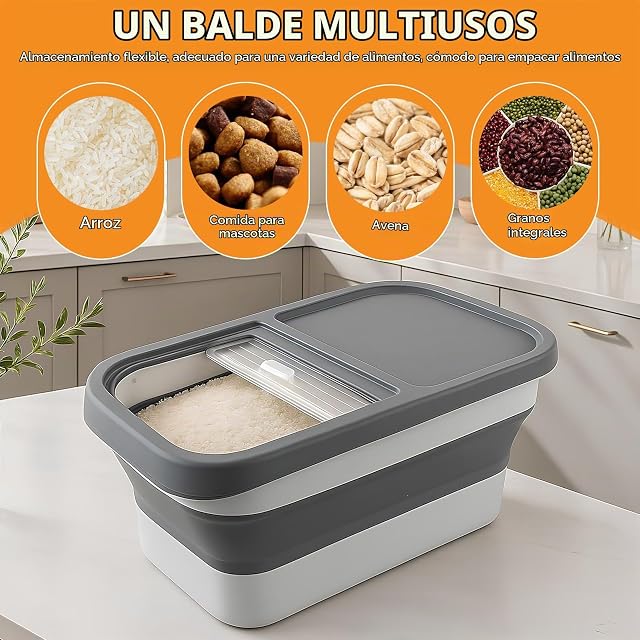 Foto 6 de 7 de Contenedor de Comida para Mascotas,7 kg Cubo Plegable para Pienso de Perro Gato con Taza Medidora,Cuchara,2…