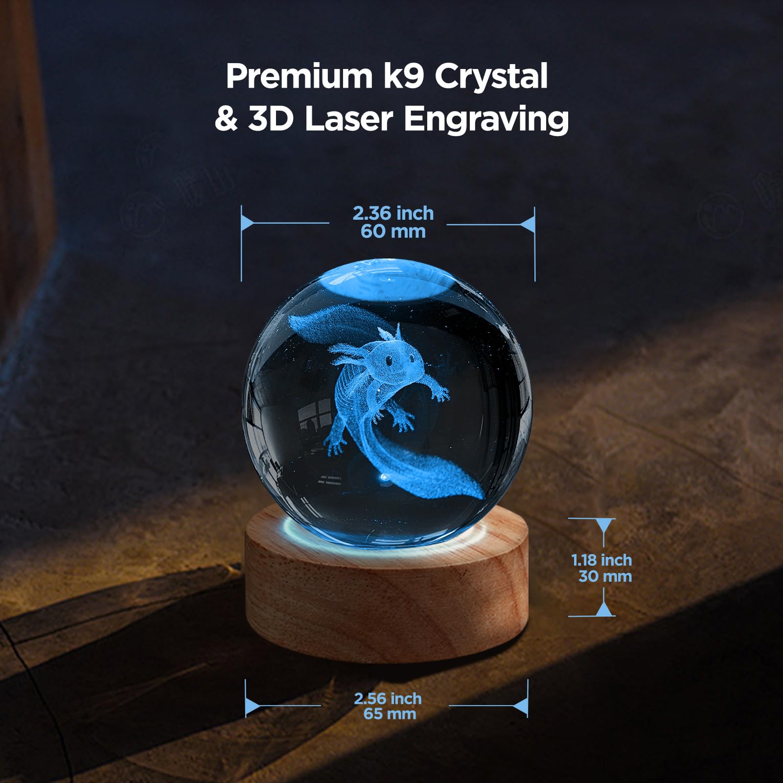 3D Crystal Ball Night Light with 16 Colors - Unique 60mm Axolotl