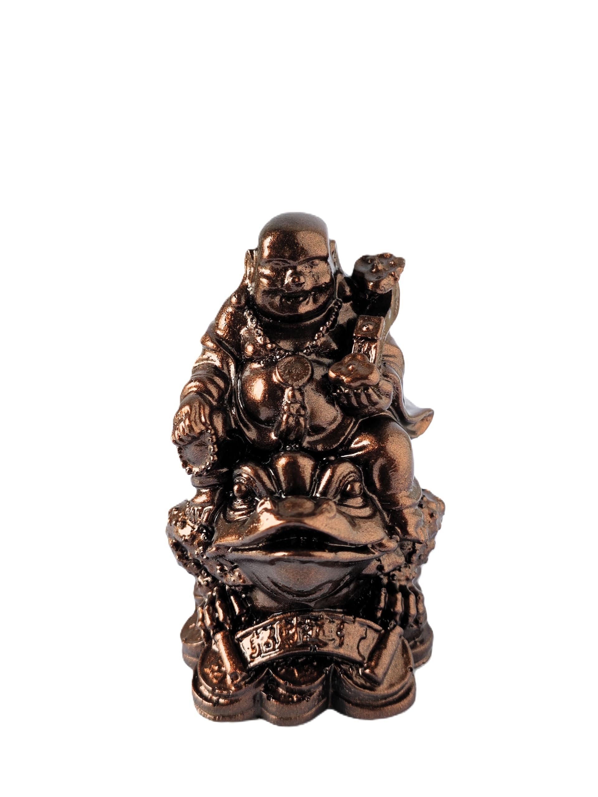 The Cube Mart Fengshui Polyresin Medium Size Set of 1 Happy Man Laughing Buddha Sitting on Frog Holding Ruyi Stick for Good Luck Office Decor, Home Decoration 8 cm (Copper Gold)