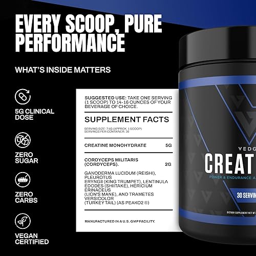 Miniatura 5 de vedge Nutrition Creatine + | Polvo vegano de monohidrato de creatina a base de plantas | Energía, rendimiento y función | Ayudas ergogénicas para
