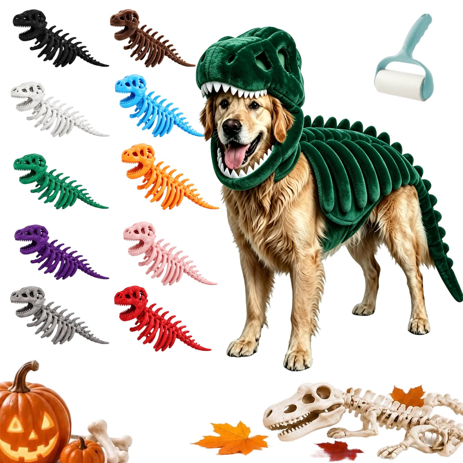 Dinosaur Skeleton Dog Cat Costume, 3D Pet Dinosaur Halloween (Green,120CM)