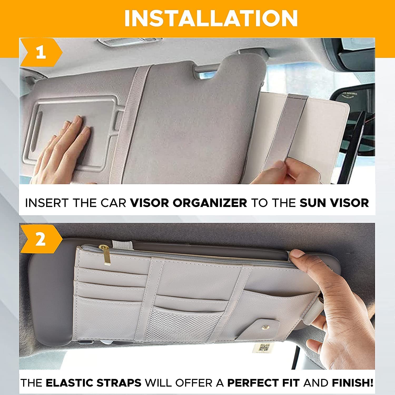 FIZLOZ PU Leather Multi-Function Car Space Sun Visor Organizer Hanging Phone Storage Pouch Holde (Grey) 3