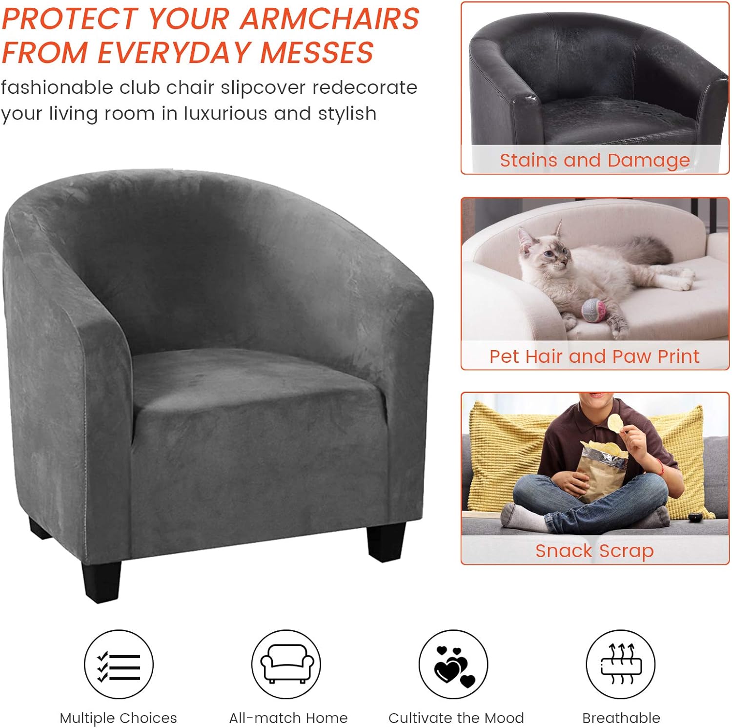 Beacon Pet Club Chair Slipcover,Stretch Velvet Tub Chair Covers Removable Armchair Cover Slipcovers Sofa Cover Spandex Couch Covers Furniture Protector with Elastic Bottom for Living Room(Gray)