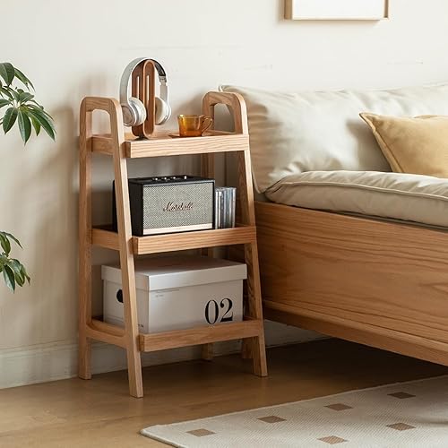 Miniatura 8 de Estante de escalera de 3 niveles de roble macizo 100% para ahorrar espacio, estantería pequeña con marco estable, estantes de escalera