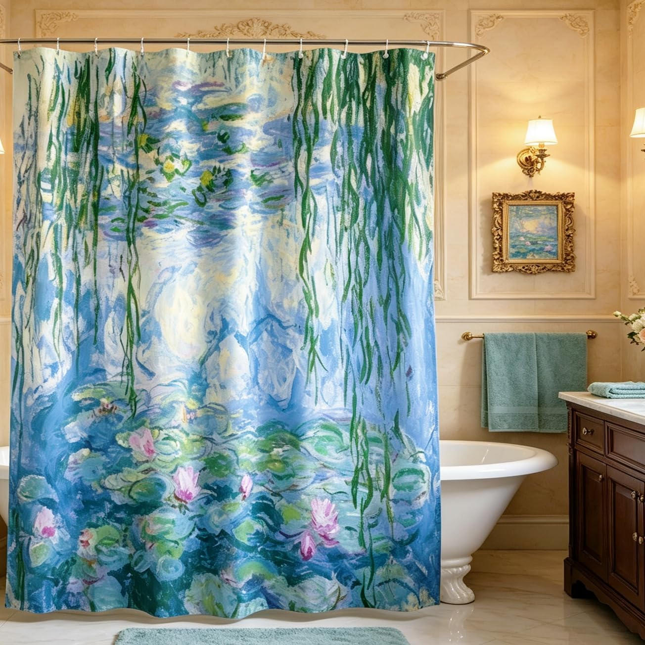 IcosaMro Monet Water Lilies Lotus Shower Curtain Watercolor Floral Decor