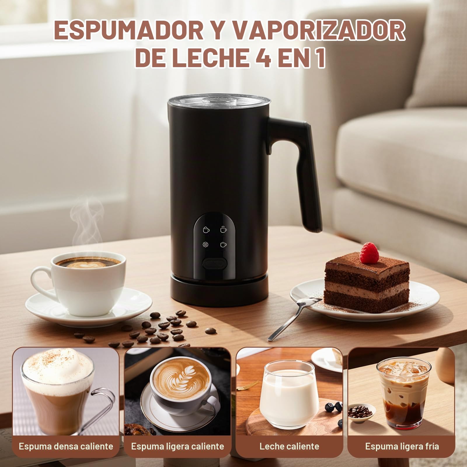 Espumador De Leche Eléctrico Con 4 Funciones: Espumador Automático Para Leche Caliente Y Fría, Apagado Automático, Acero Inoxidable, Ideal Para Matcha (Negro)