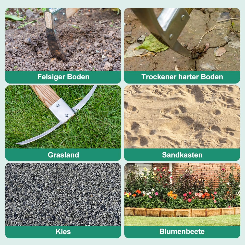 Berry&Bird Gartenhacke Pickel Hoe, Edelstahl-Spitzhacke, Hacke mit Holzgriff, Robustes Handhacke zum Umpflanzen, Graben, Pflanzen, Auflockern von Erde, Spitzhacken für Gartenarbeit, Camping