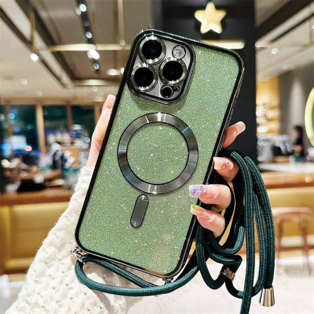 Cordon pailleté pour coque iPhone 14 Plus vert foncé magnétique - 8