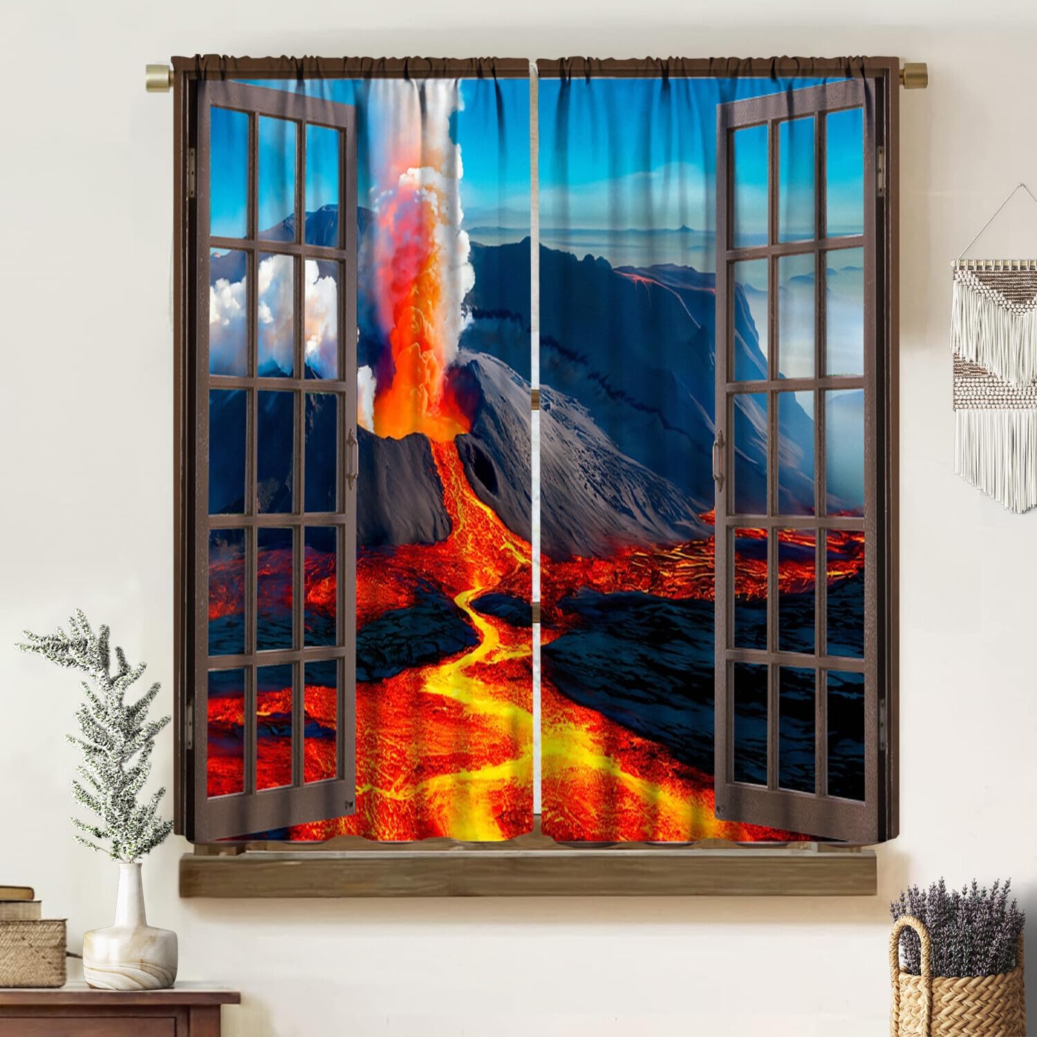 Landscape Curtains, Natural 3D Scenery Volcano Theme Style Print Blackout Rod Pocket Window Treatments Drapes for Bedroom Living Room Kitchen 42" W X 54" L