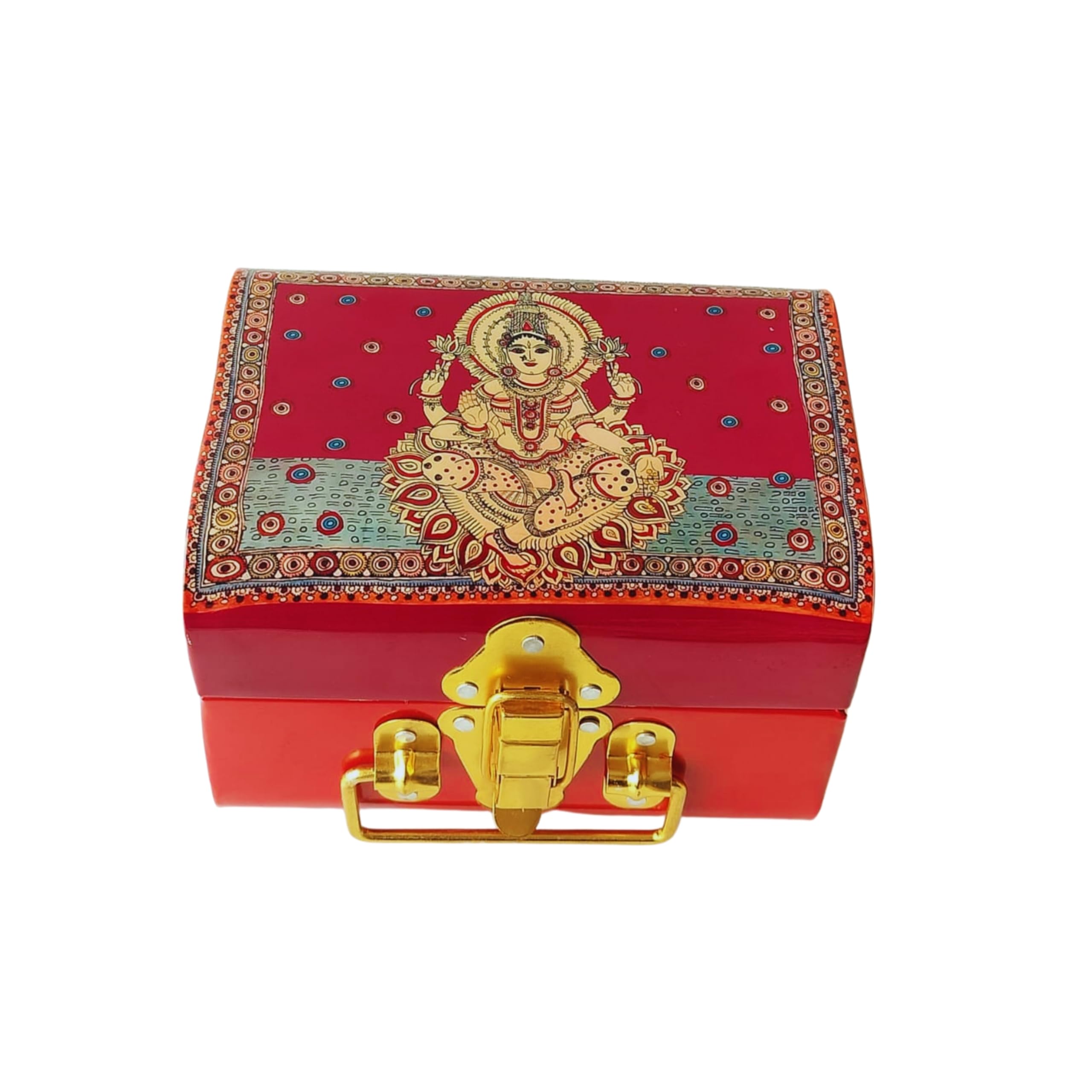 Kavyatva Lakshmi Print Red Metal Trunk Box | Handcrafted Traditional Storage Box for Jewelry, Wedding Return Gifts, Haldi, Mehendi, Diwali, Pooja & Festive Gifting(7 * 5 * 5) inchs