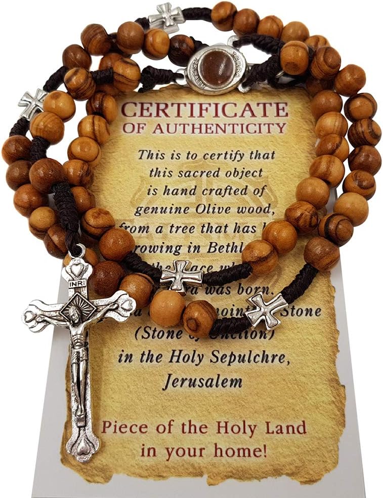 TALISMAN4U Olive Wood Catholic Rosary Prayer Beads with Jerusalem Holy Soil Centerpiece & Certificate Blue Velvet Rosary Pouch - Image 5