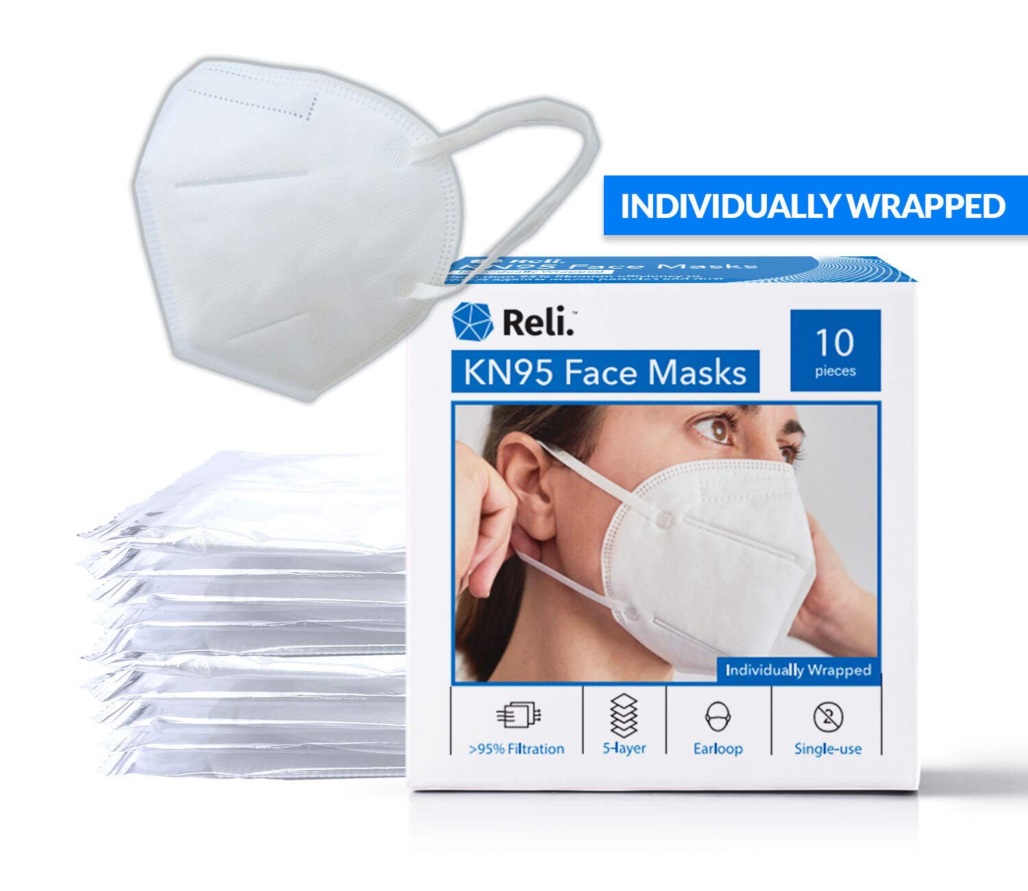 Reli. KN95 Face Mask (10 Masks Individually Wrapped) > 99% Filter Efficiency, 5-Layer Protection, Premium Face Mask w/Ear Loop, Individually Wrapped KN95 Mask - Comfortable/Breathable Face Protection