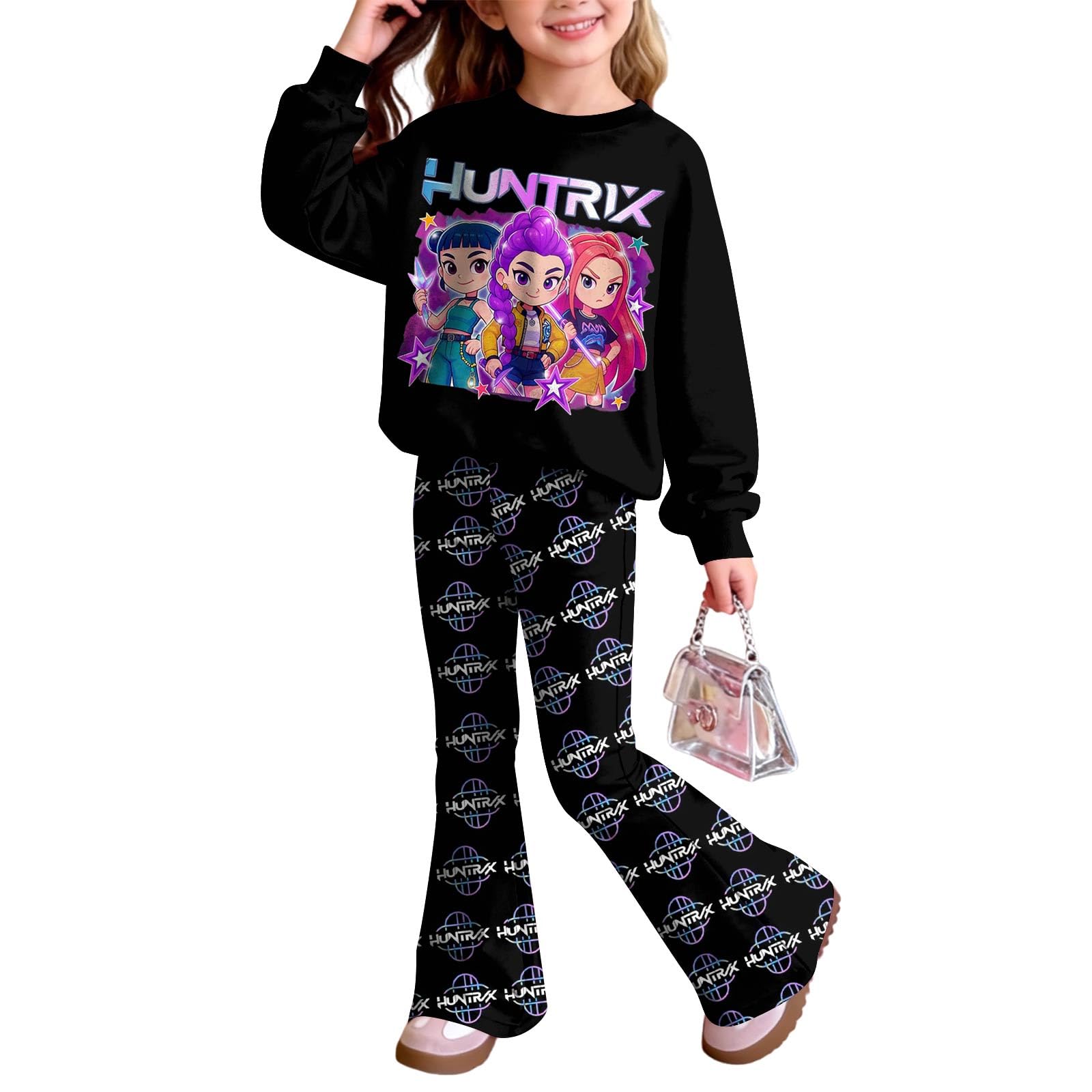 Demon Movie HUNTR/X T-shirt+Pants Print Outfits Set for Unisex Kids Cartoon Adventure Y2K Long Sleeve Costume