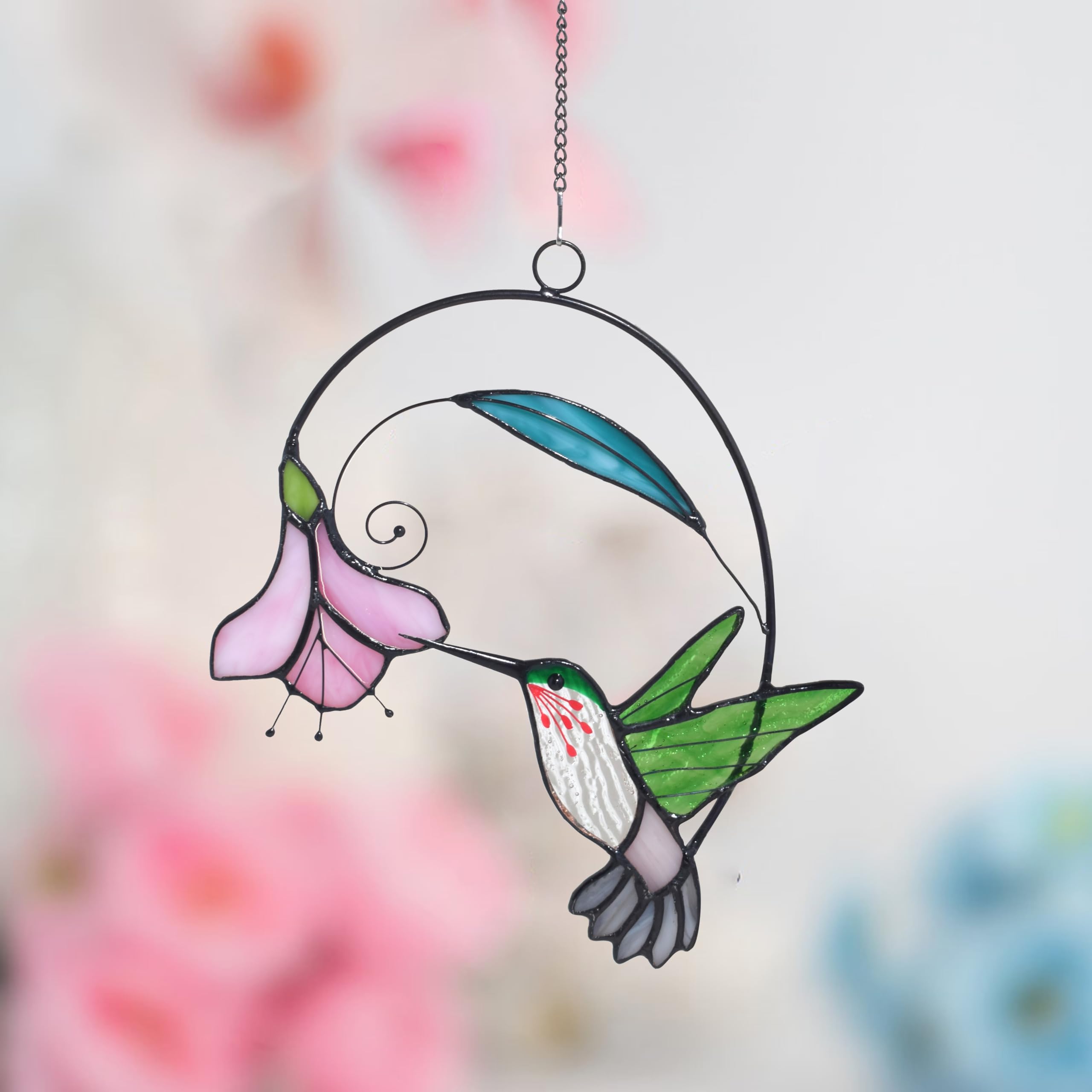 Lolitarcrafts Buntglas-Fensterbehang mit Blumen, Vogel-Sonnenfänger für Fensterdekoration, Kolibri-Geschenke für Mutter, Vogelliebhaber (Grün mit Blume A)