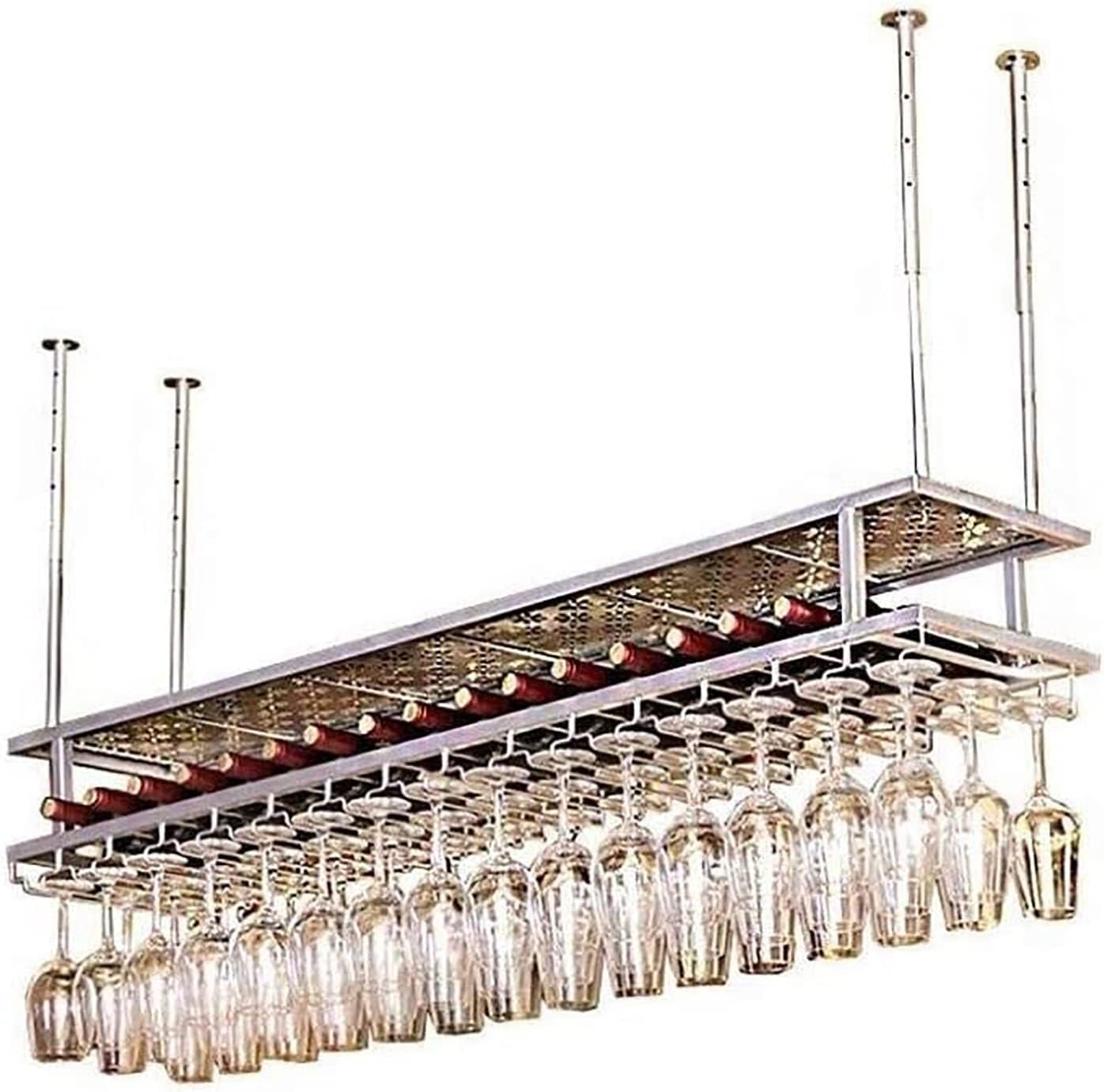 Ceiling Wine Glass Rack Ceiling Metal Wine Rack,Height Adjustable,2-Layer Industrial Iron Shelf,Stemware Holder,Restaurants/Bars/Home Decorative Rack