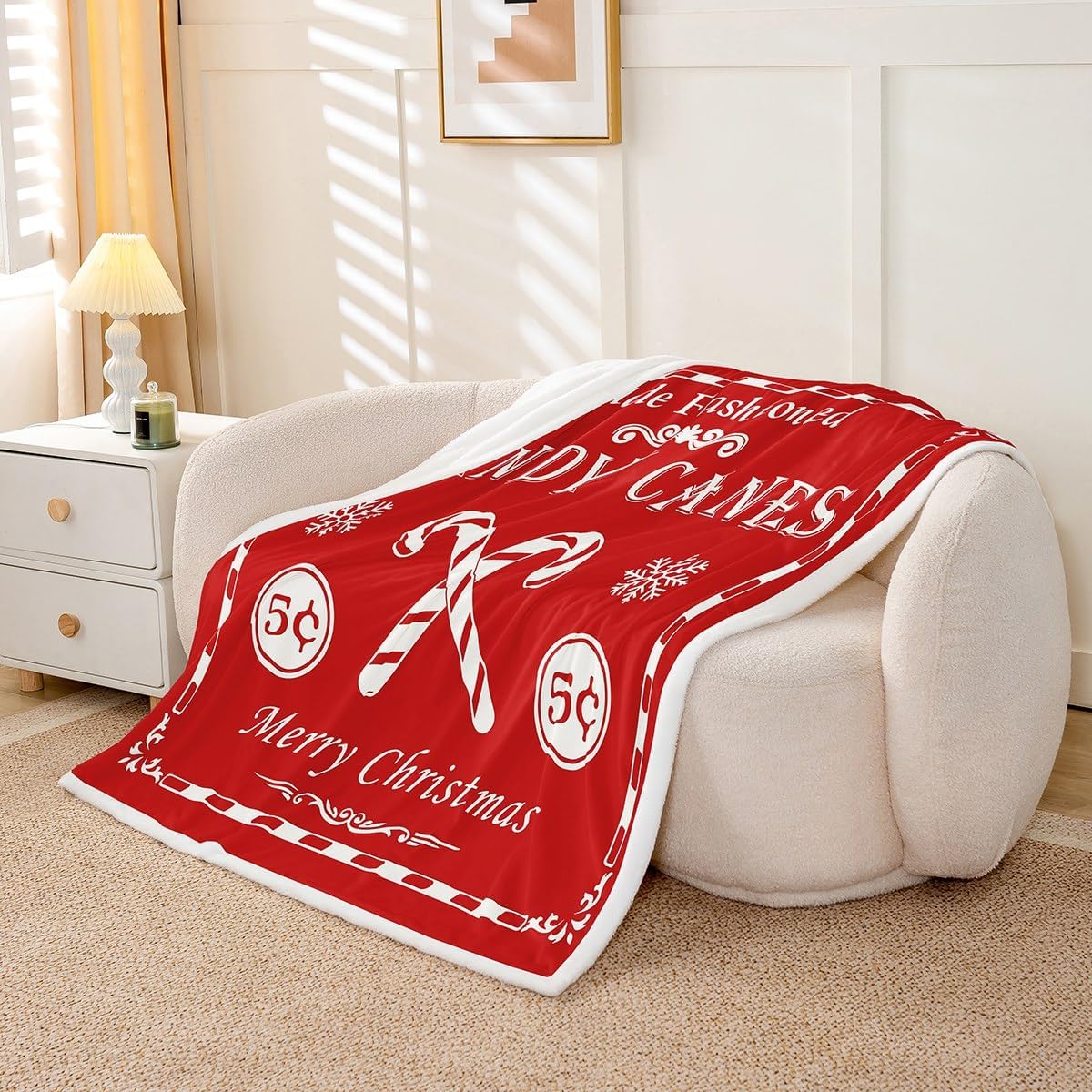 jejeloiu Christmas Fleece Throw Blanket for Bed Sofa Couch Christmas Quote Plush Blanket Throw 50"x60" Candy Canes Print Sherpa Blanket Bedroom Decor Xmas Red