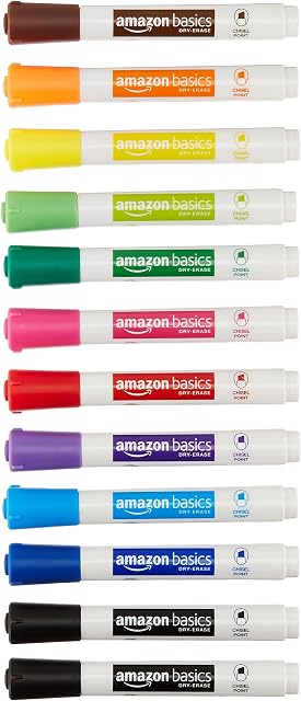 Amazon Basics Low-Odor Chisel Tip Dry Erase White Board Marker, Assorted Colors - Pack of 12