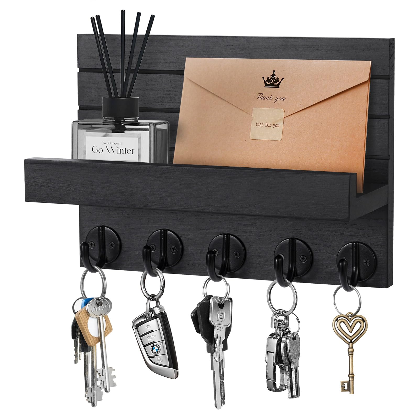 Llavero de Madera para Pared, Portallaves de Madera, Ganchos para Llaves Montados en la Pared, Organizador Llaves con 5 Ganchos para Llaves, para Llaves, Cartas, Periódicos (Negro)