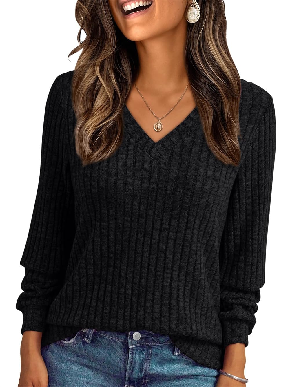 Haslike Damen-T-Shirt, V-Ausschnitt, gerippt, langärmelig, Tunika, Tops, lockere Passform, Sweatshirts
