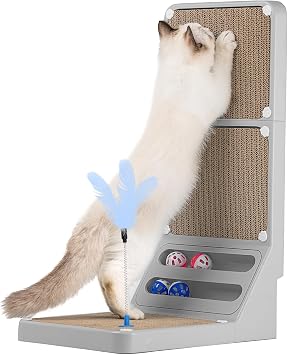 Goosheep Cat Scratching Board Cat Scratching Post,2-in1 L Shaped Cats Cardboard Scratcher with Box, Kitten Scratcher Ball Wall Scratchers Pad for Indoor Cats Grey
