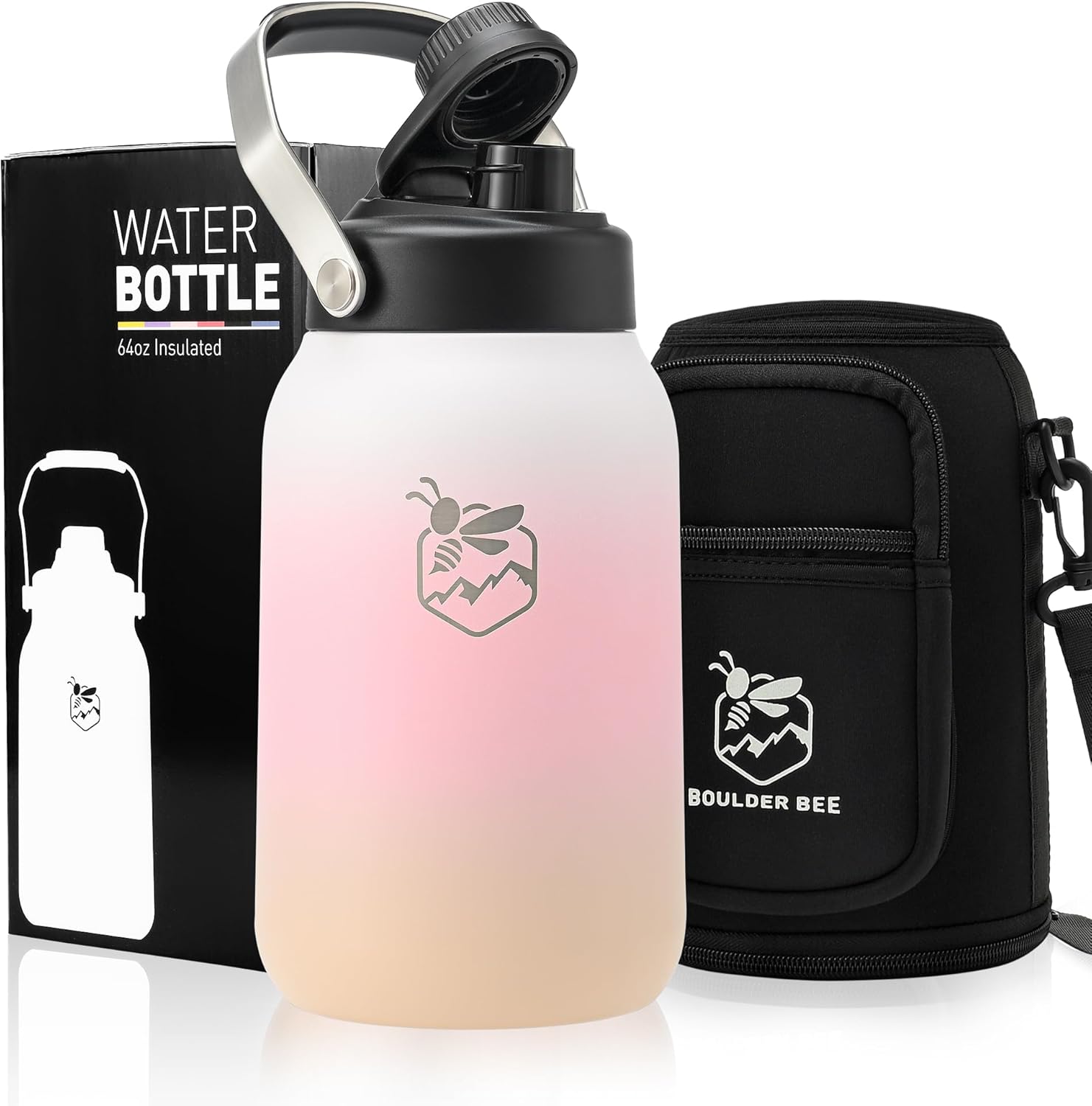Boulder Bee Insulated Water Bottle | Half Gallon Water Jug with Handle | 64 oz Stainless Steel w Carrier Bag | Double Vacuum | for Hot & Cold Drinks | for Travel, Hiking & Camping