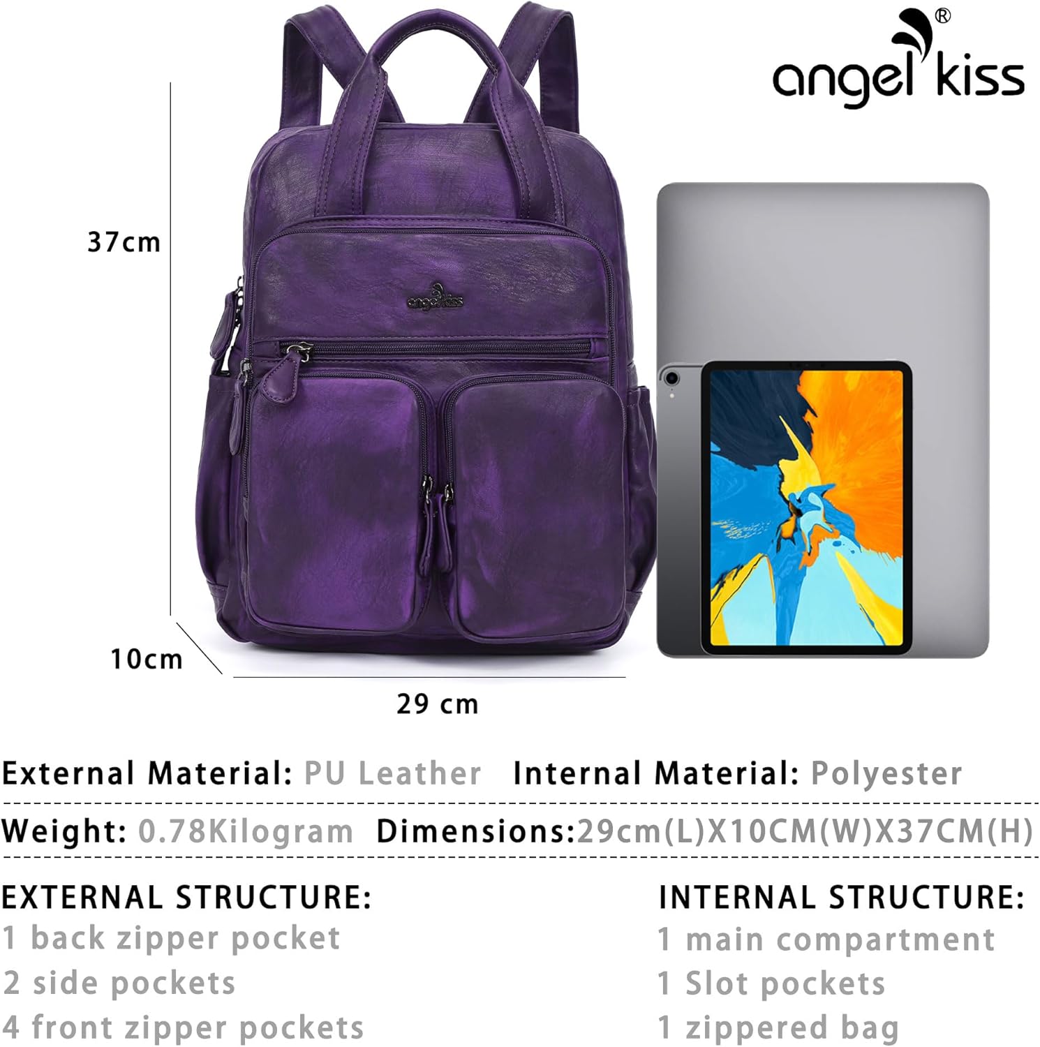 Angel Kiss Backpack Purse for Women Soft Washed Leather Multi Pocket Casual Travel Backpacks… - Image 2