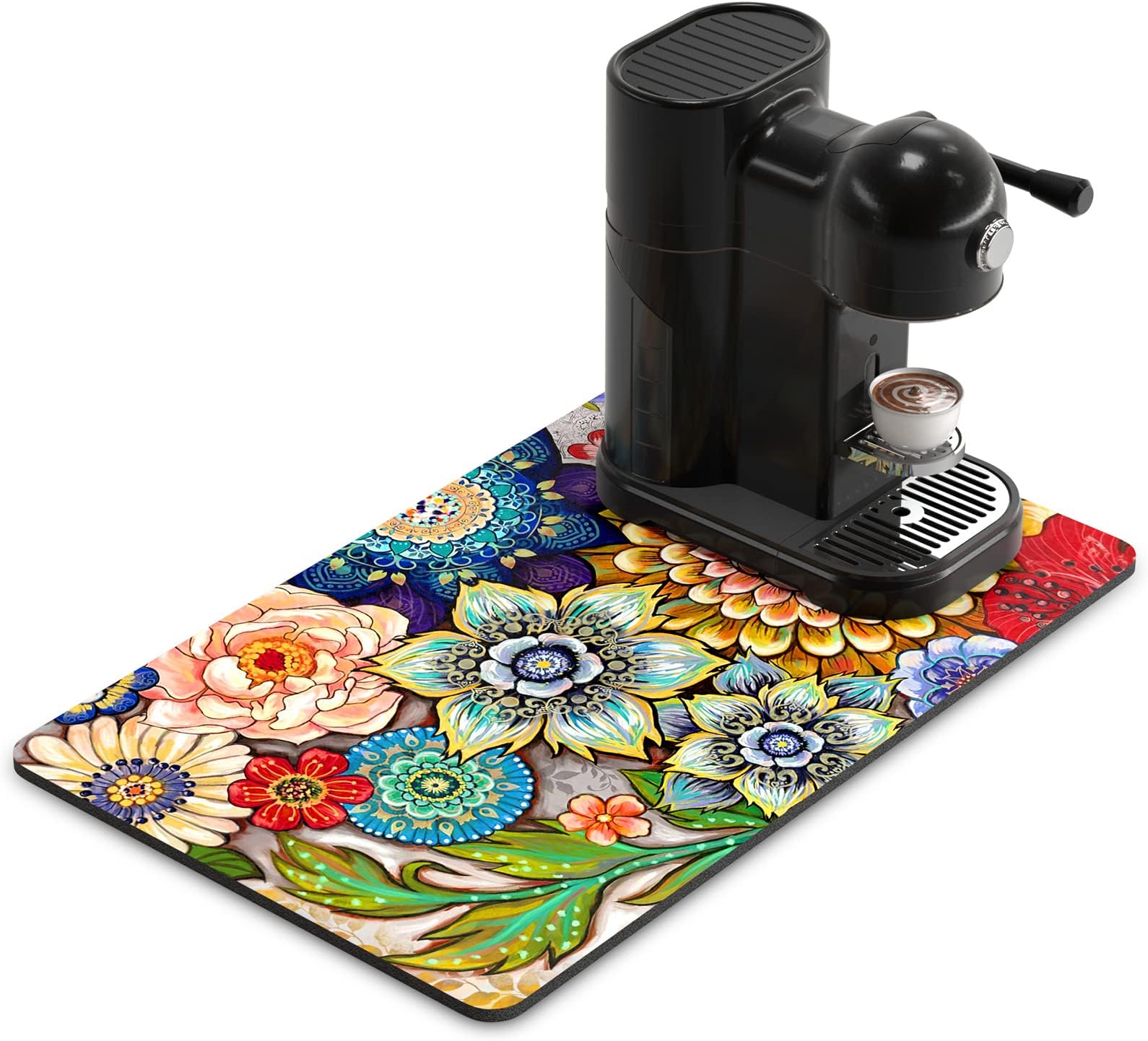 Rnivvi Coffee Mat, 12" x 19" Cute Flower Theme Coffee Bar Mats for Espresso Machine Station Accessories and Organizer, Hide Stain Rubber Backed Absorbent Dish Drying Pad for Kitchen Counter, Mandala
