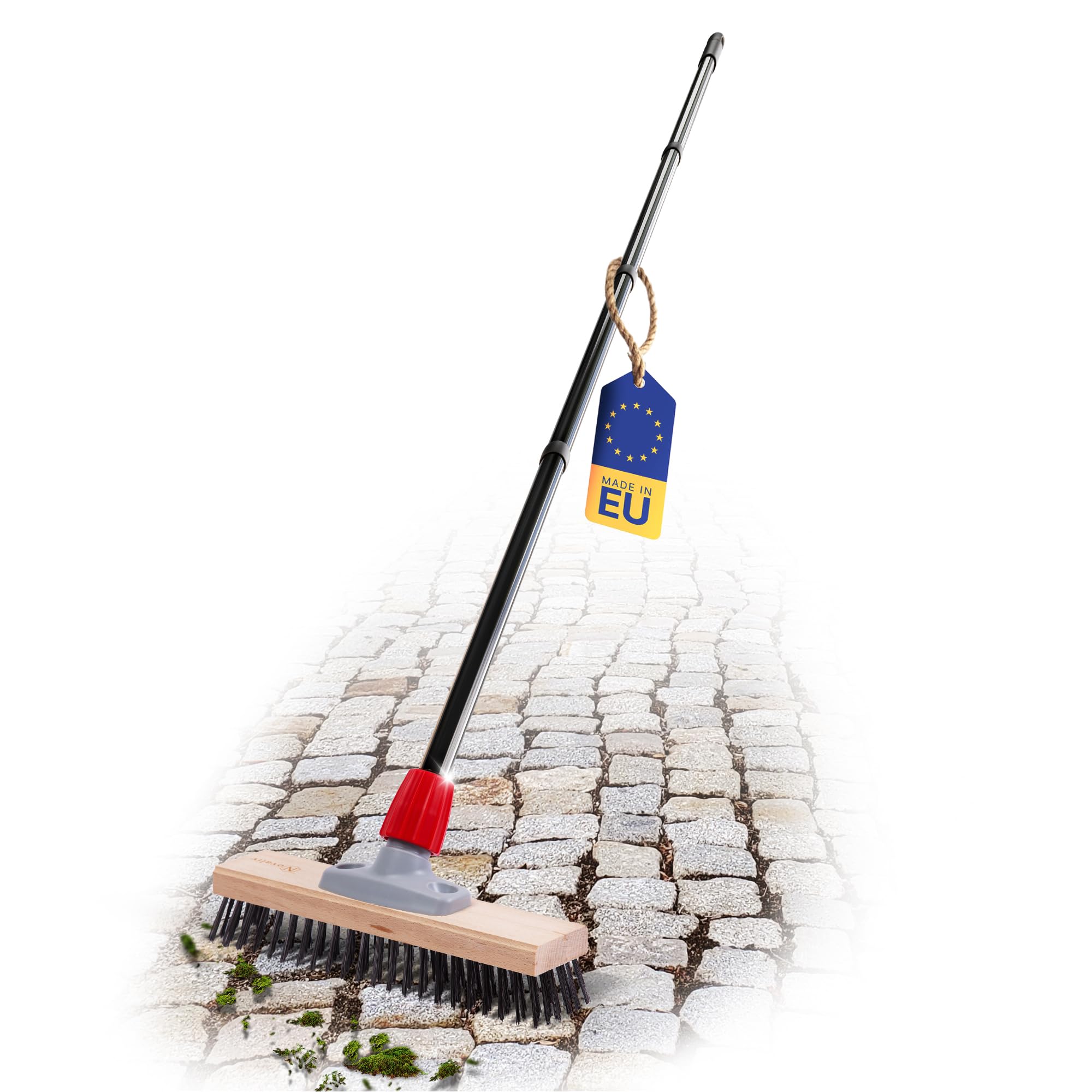 Novaliv Robuster Drahtbesen mit Stiel Basic Stahlbesen mit 4tlg Stiel Effiziente Moosentfernung Drahtbürste für Pflastersteine & Garten Stahldrahtbesen Mooskratzer Pizzabesen Pizzastein Bürste