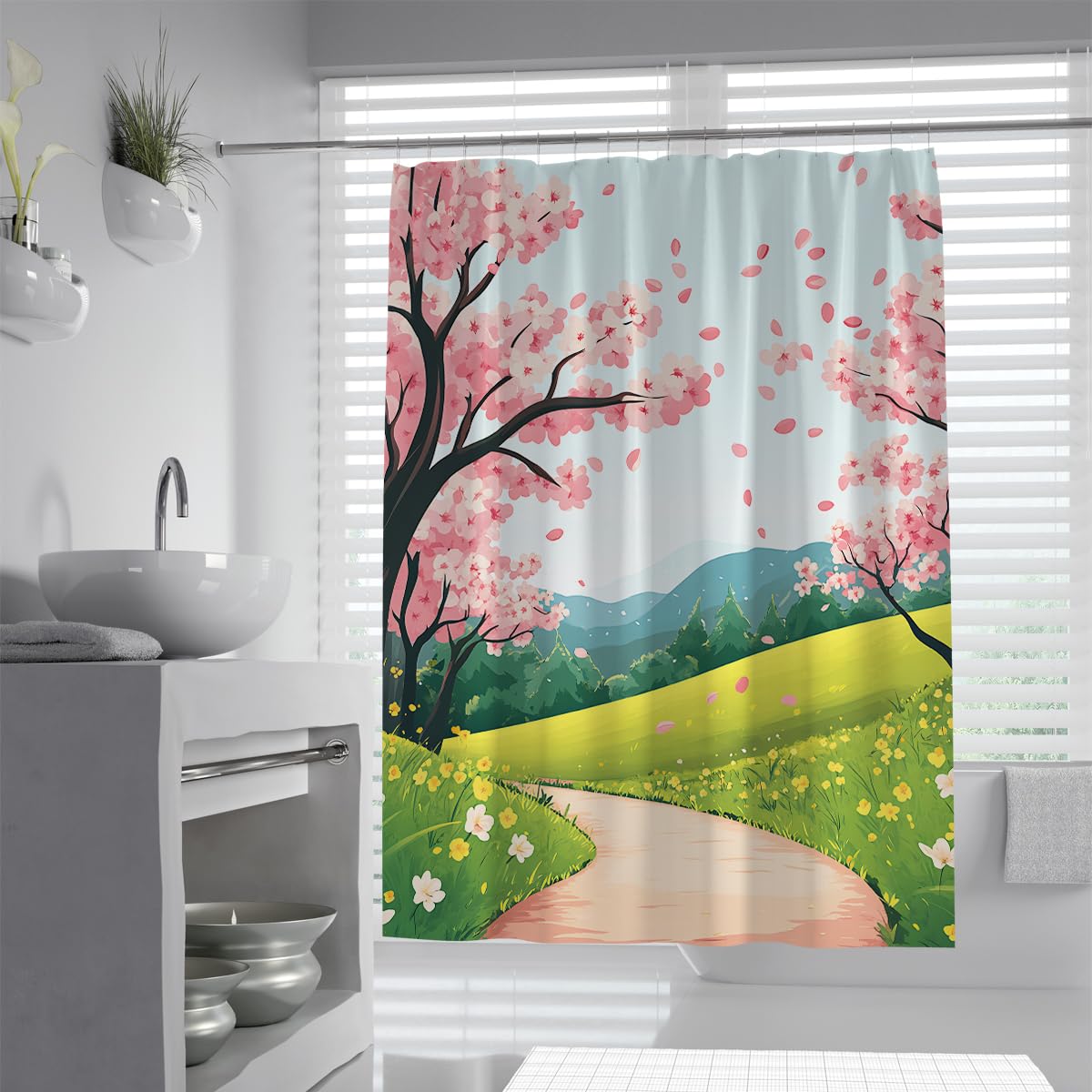 UIRINGART Artistic Sakura Landscape Shower Curtain W200xL200cm Pink Cherry Blossom Green Hill Design Anti Mould Quick Dry Bathroom Curtain With Hooks