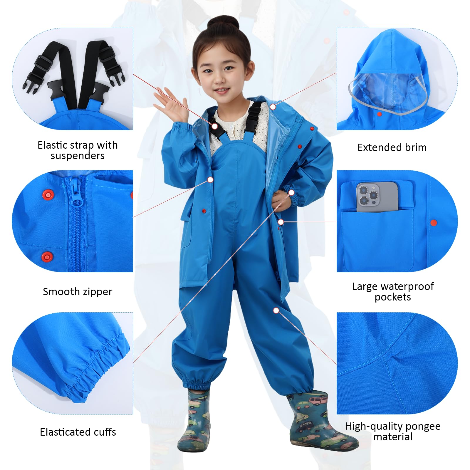 Unisexe Enfants Imperméables Veste Imperméable avec Jarretelles Pantalon De Pluie Léger À Capuche En Plein Air Pour Enfants Pour Garçon Et Fille