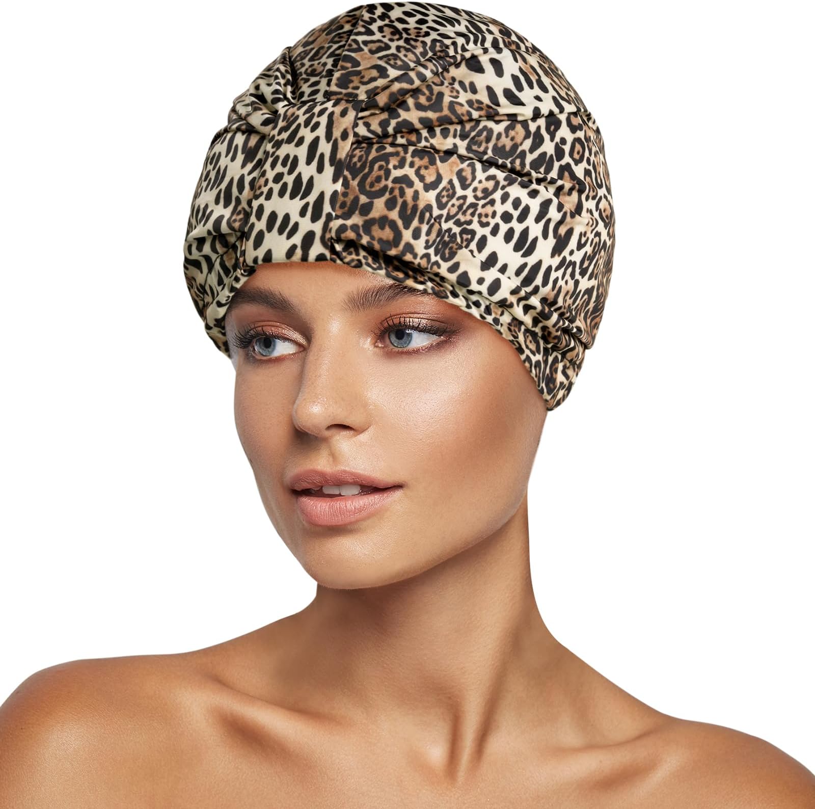 Luxury Shower Cap for Women Reusable Waterproof, Double Layered Shower Hair Cap with Adjustable Elastic Strap, Large Satin Lined Shower Bath Cap for Long Curly Straight Hair, Leopard