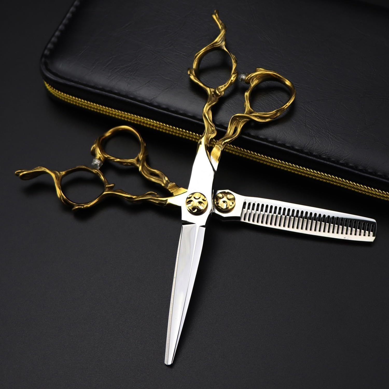Hair Cutting Shears, 6.0 Inch Gold Tree Root Handle Hairdressing Scissors Bangs Shears Cutting And Thinning Scissors Set