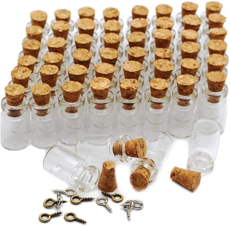 MIGK Mini Glass Bottles 1ml Small Vials with Cork Stoppers and Eye Screw Pins Jewelry Making Charms Message Treasure Beads Pendant (100 Pcs)