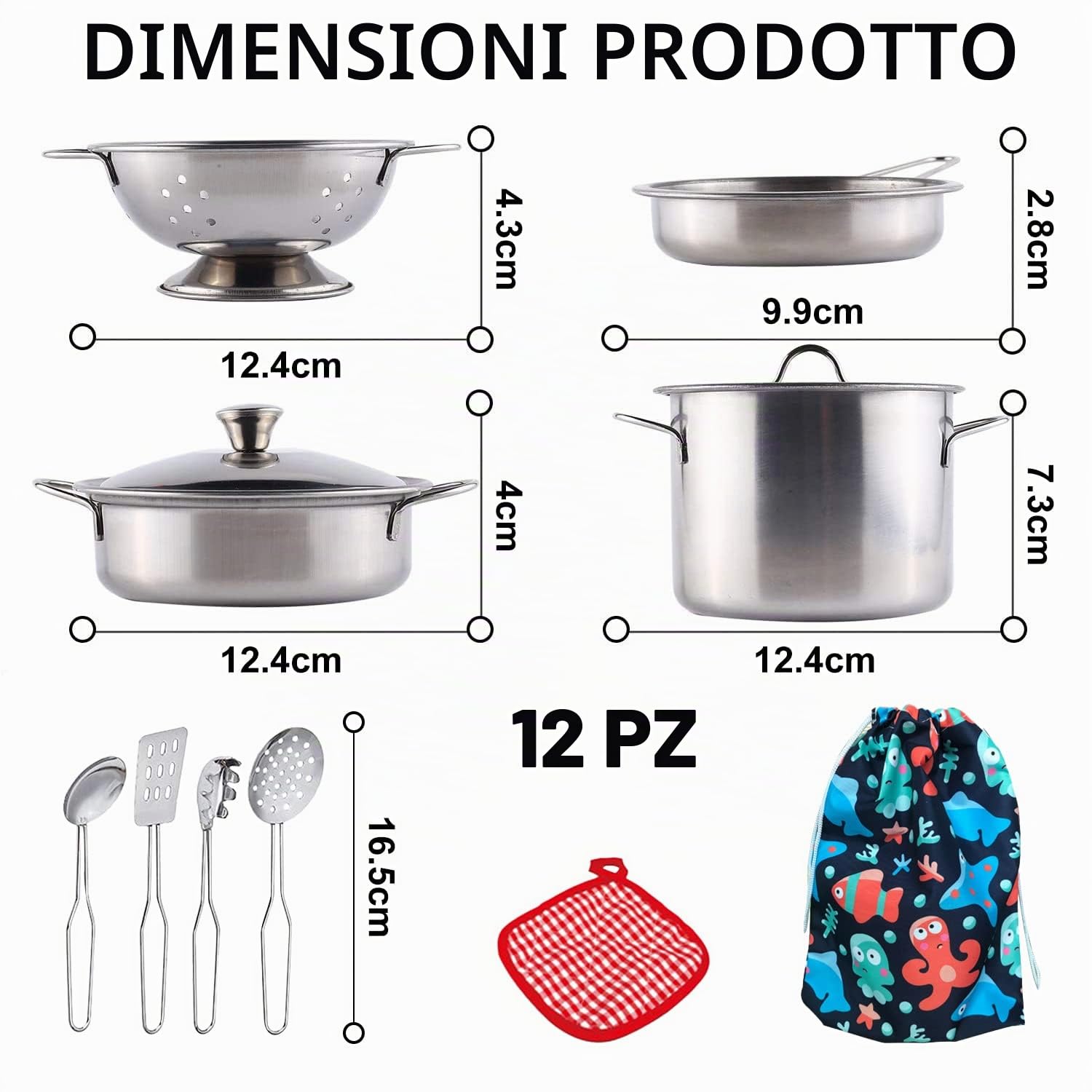 12 Kit di Mini-Cucina, Accessori per Giochi di Ruolo in Acciaio Inox, Casseruole e Padelle per Bambini di 3 Anni e Più