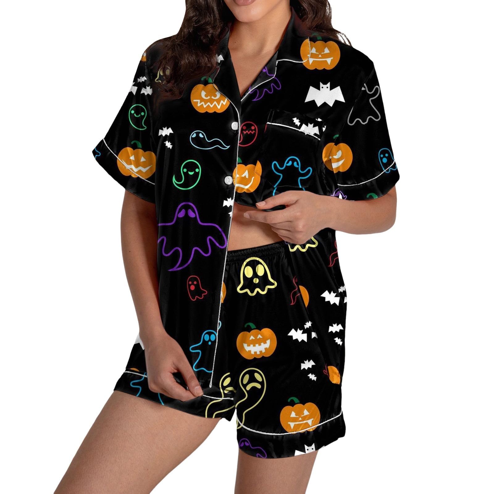 Pyjama été femme en satin à imprimé graphique mignon et ensemble short à boutons
