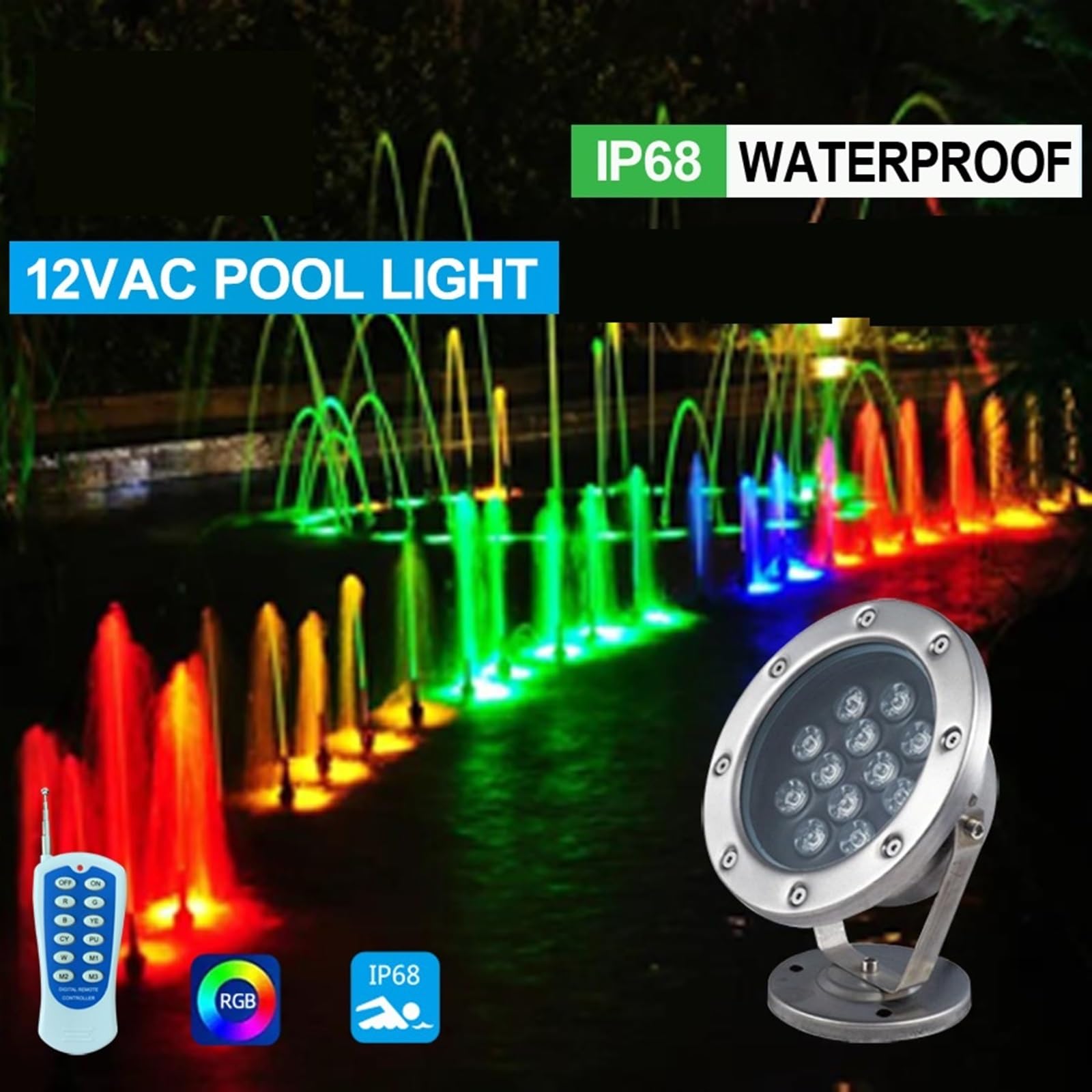 Luci subacquee in acciaio inossidabile, for piscina montate su superficie, Telecomando colorato RGB, paesaggistiche for laghetti rocciosi Giardino esterno(RGB,6W)
