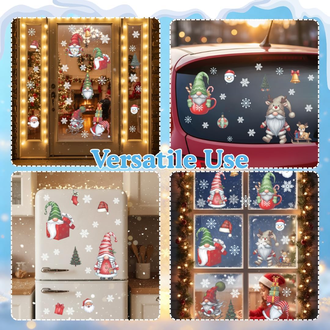クリスマスノームウィンドウステッカー178枚、ノームスノーフレークウィンドウデカールステッカー、ガラスウィンドウ用取り外し可能デカー