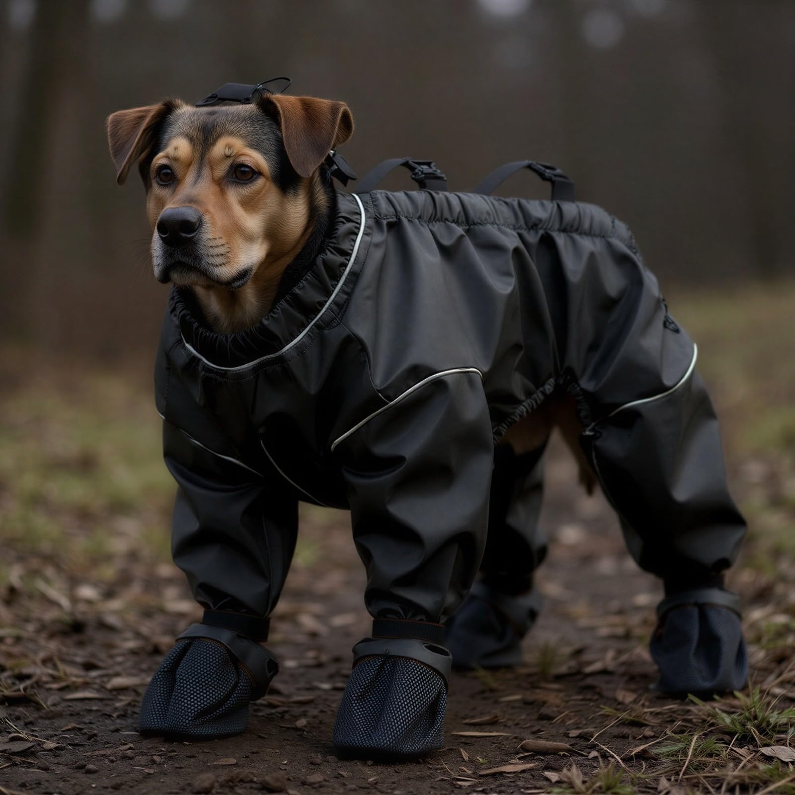 Hundeschneeanzug mit integrierten Stiefeln, Ganzkörper Regenmantel, wasserdichte Pfotenschützer für kleine und mittelgroße Hunde, schwarz, Größe 2XL