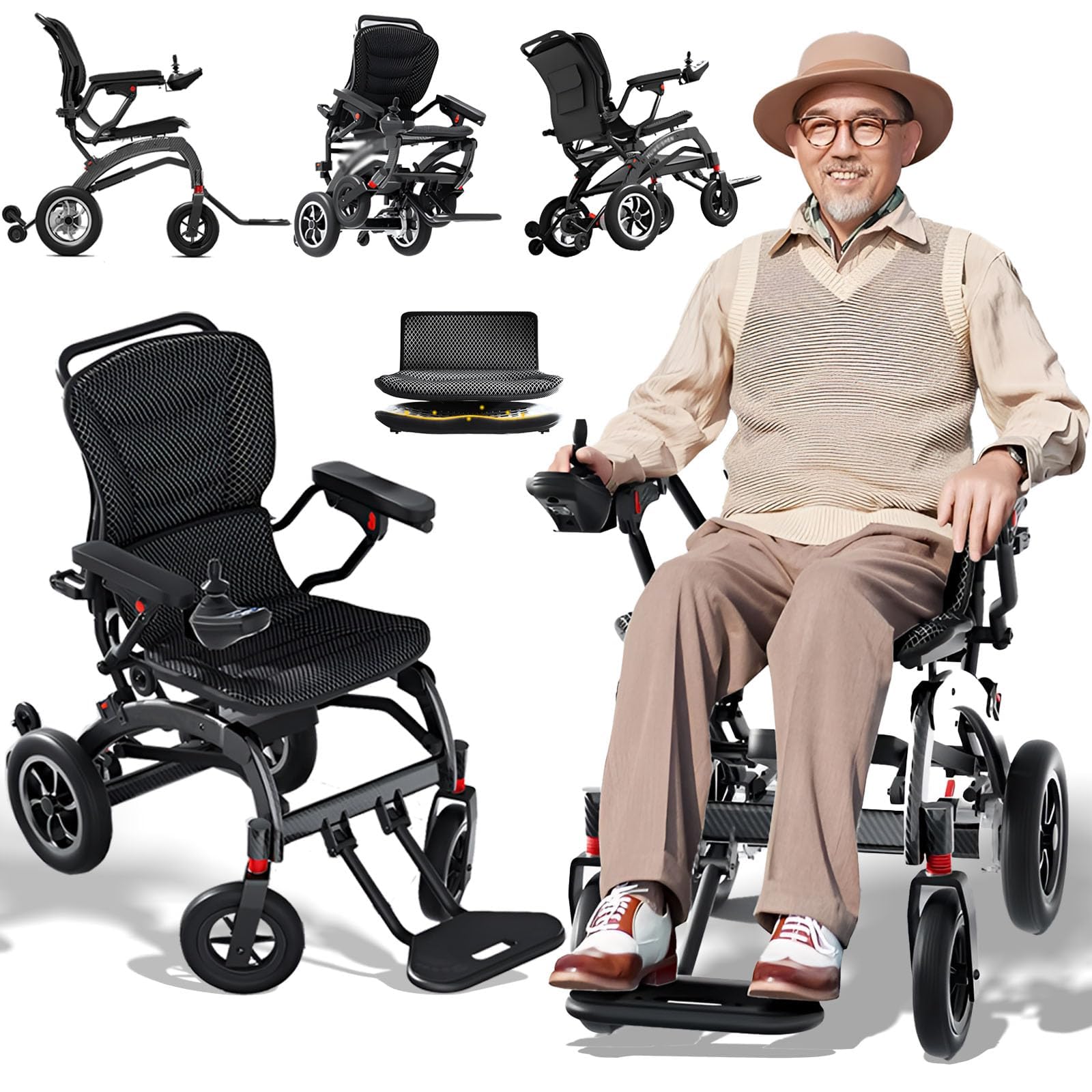 Silla de ruedas eléctrica portátil para adultos y personas mayores, ultraligera, plegable, silla de ruedas motorizada todo terreno de 500 W, altura de pierna ajustable, aprobada por aerolíneas