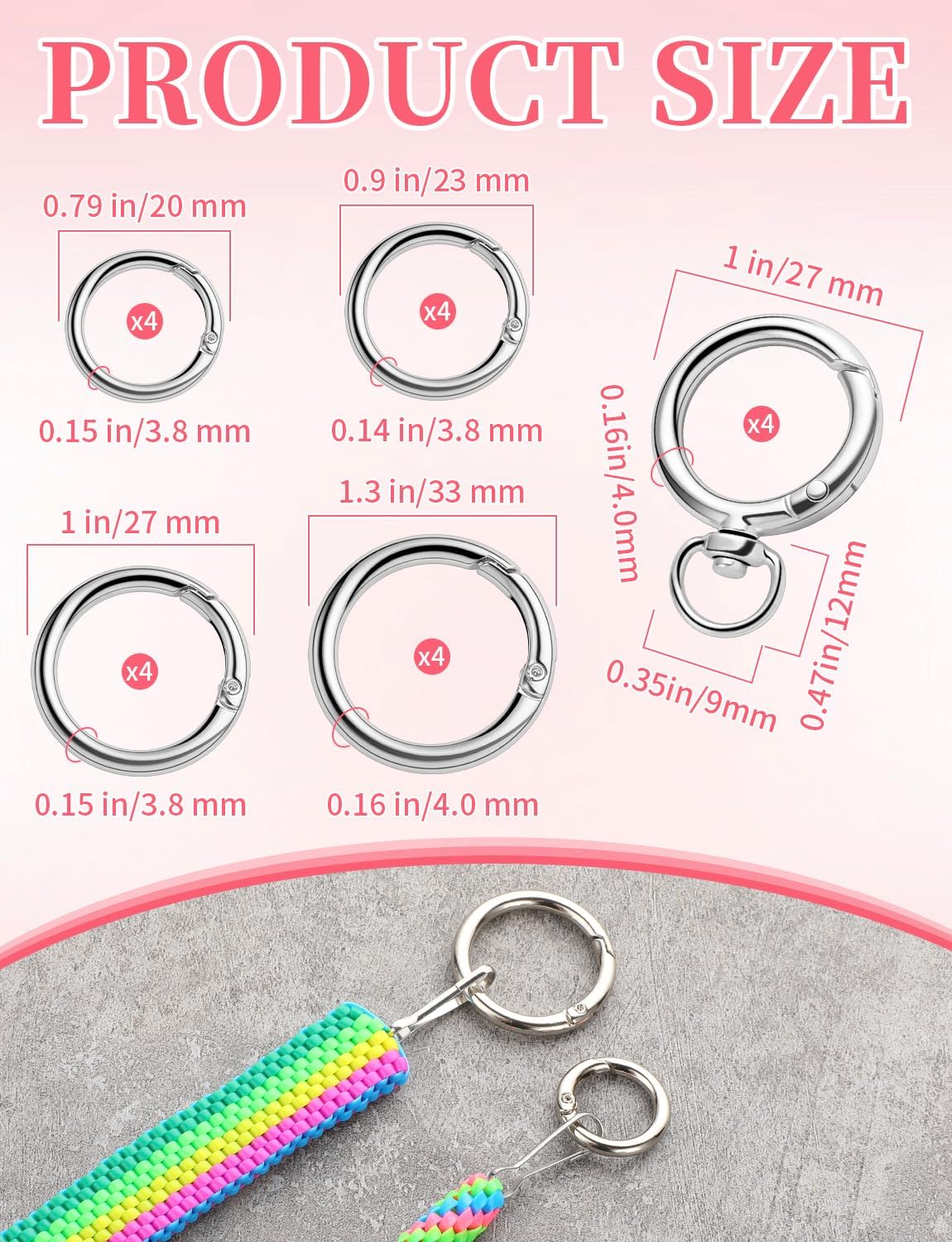 20 Pcs Keying Carabiner Keychain Clip, 5 Size Spring O Key Chain Hook Clip for Buckle, Metal Alloy Round Rings Clasps for DIY Accessories, Key Bag, Chain Extender (Silver) image 3