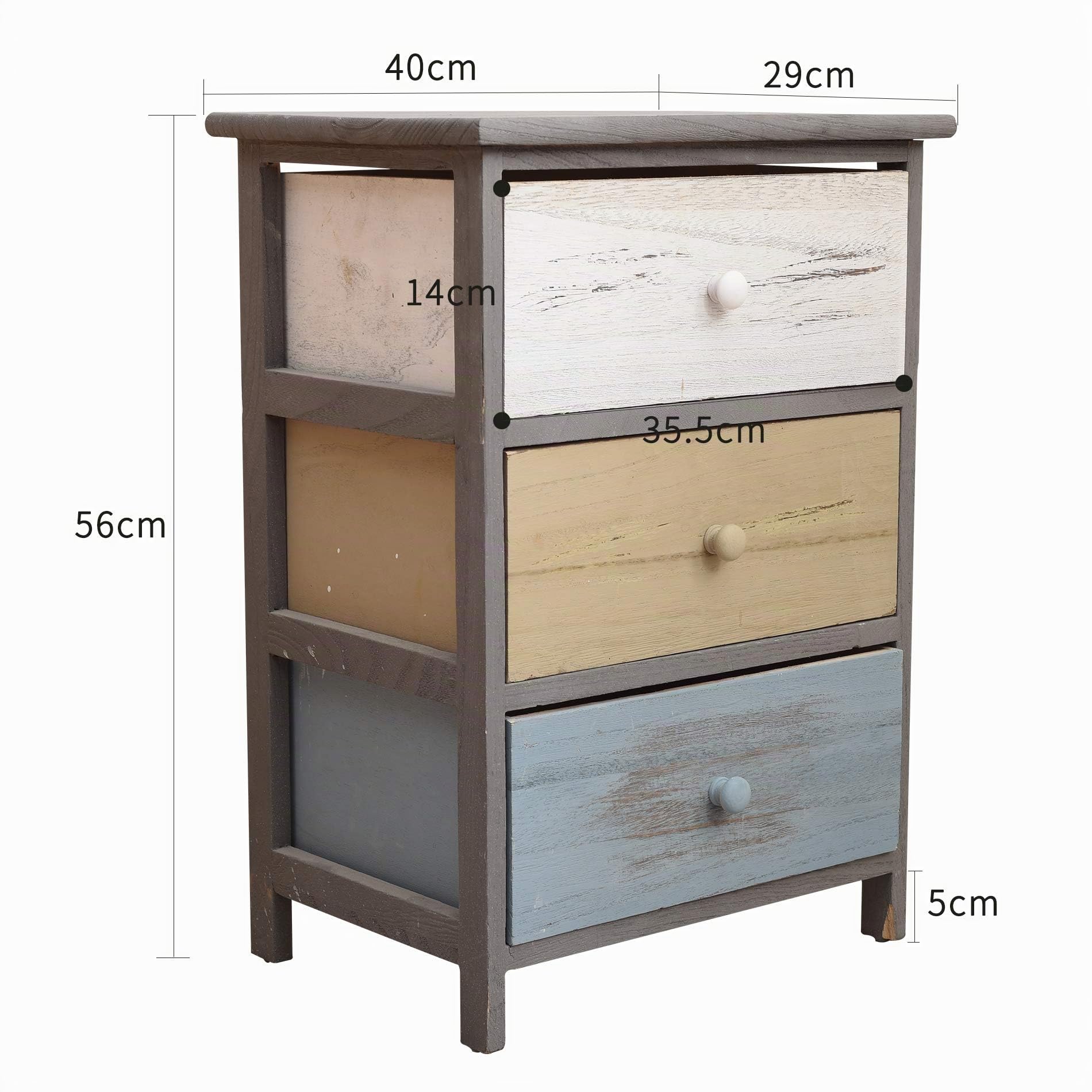Rebecca Mobili Comodino vintage, cassettiera con 3 cassetti, legno paulownia, grigio beige blu, camera salotto - Misure: 56 x 40 x 29 cm (HxLxP) - Art. RE4883