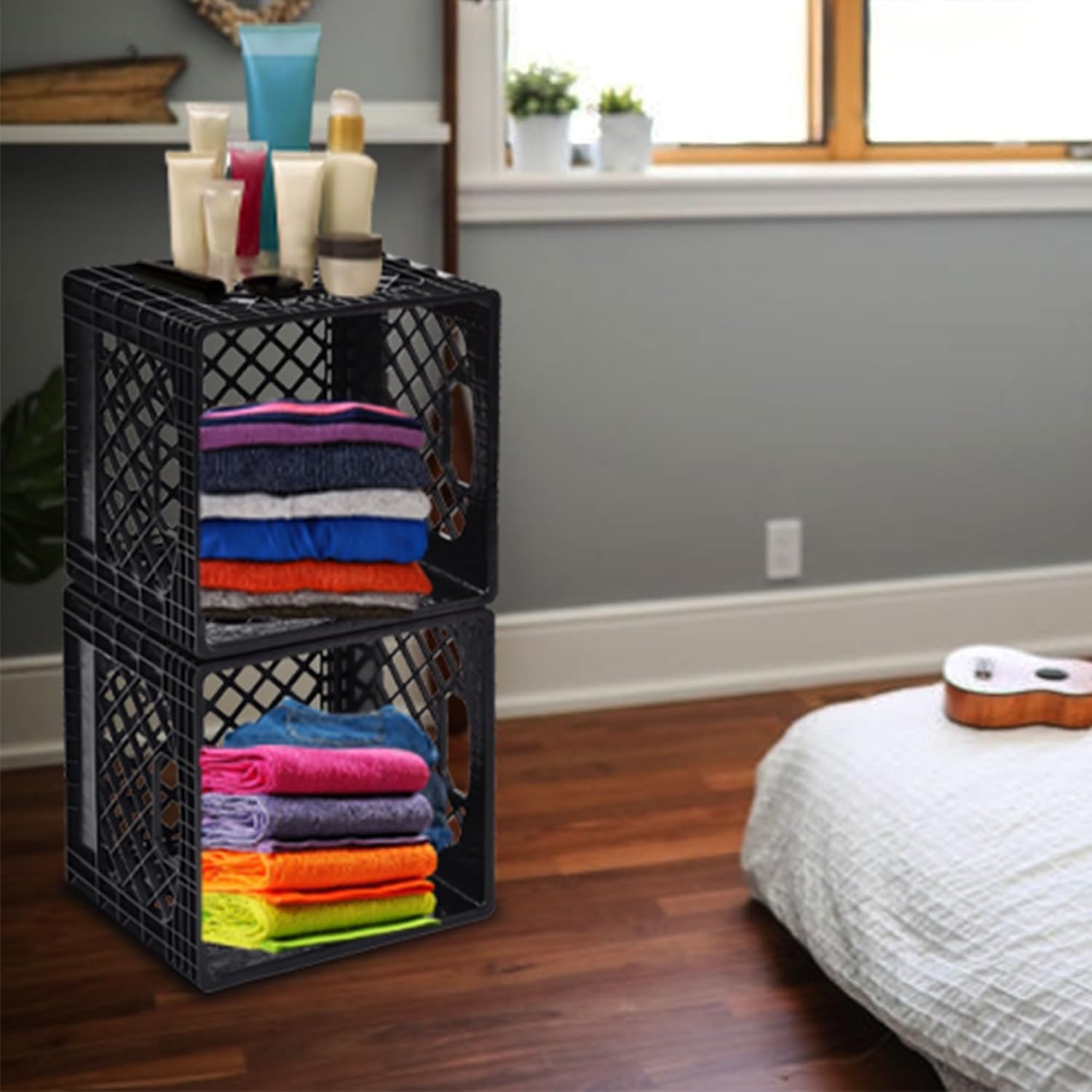 Juggernaut Storage 2-Pack Stackable Heavy Duty Milk Crates with Handles, 16 Qt, Black - Organizing Plastic Crate Basket for Grocery Shopping, Home Supplies, and Bathroom Accessories - Image 5