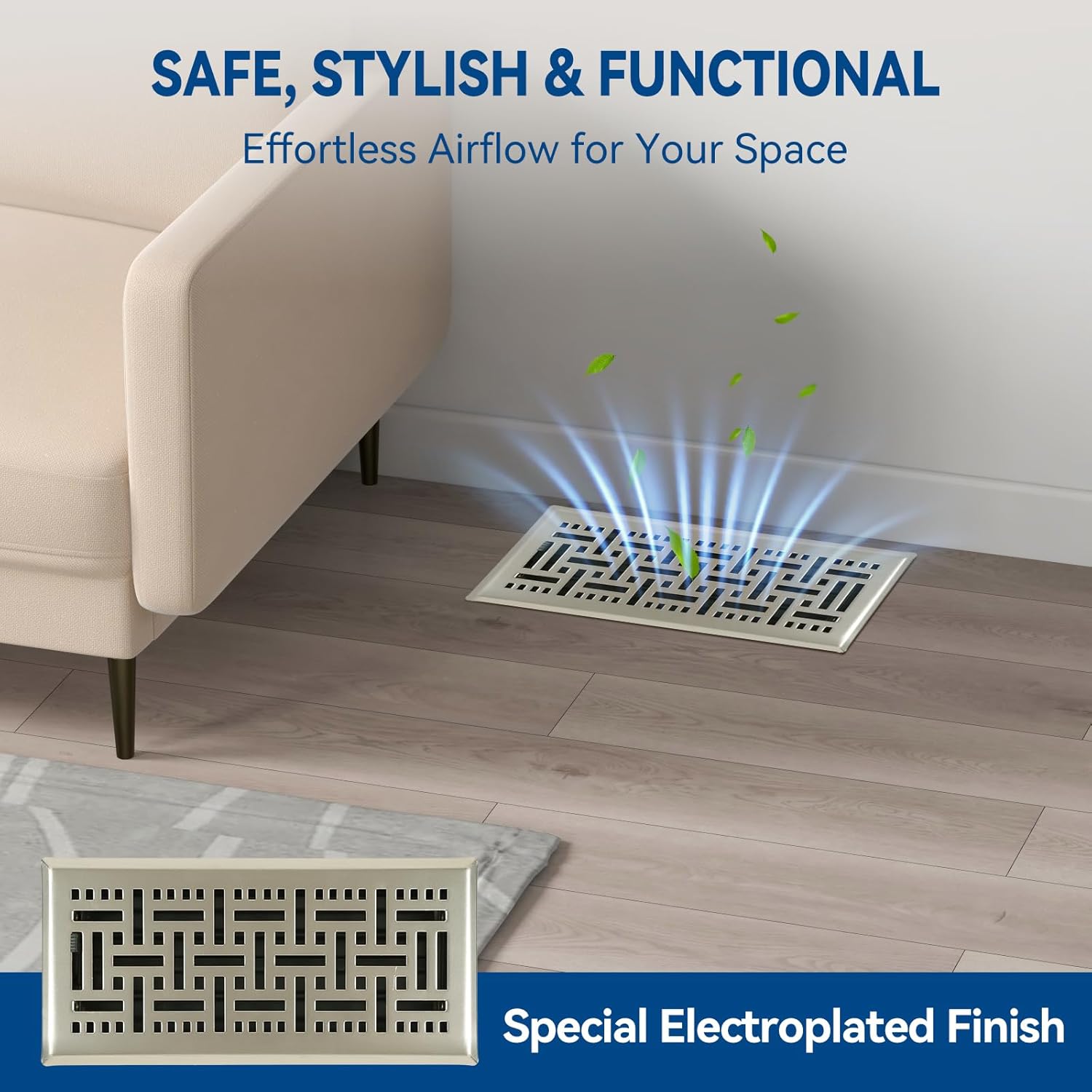 Electroplated Floor Register,4" x 12" 4 Pack,Walkable Metal Vent Covers for Wall/Floor with Adjustable Airflow Curved Safe Edges,Brushed Nickel