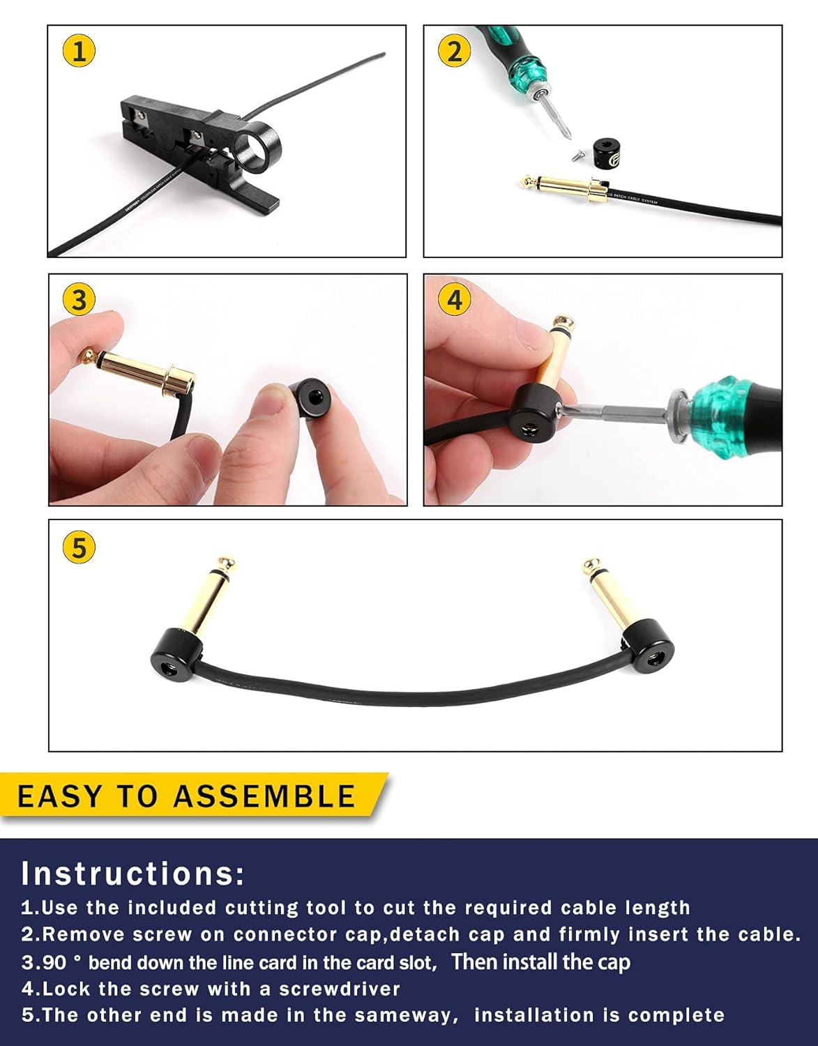 GHOSTFIRE Solderless Pedalboard Cable Kit, 6.5ft Cable & 10 Nickel Plated Copper Tip Connectors for Guitar Effects & Pedal Board, DIY Custom Patch Cables with Cutter, Bolt Driver (SP-02)
