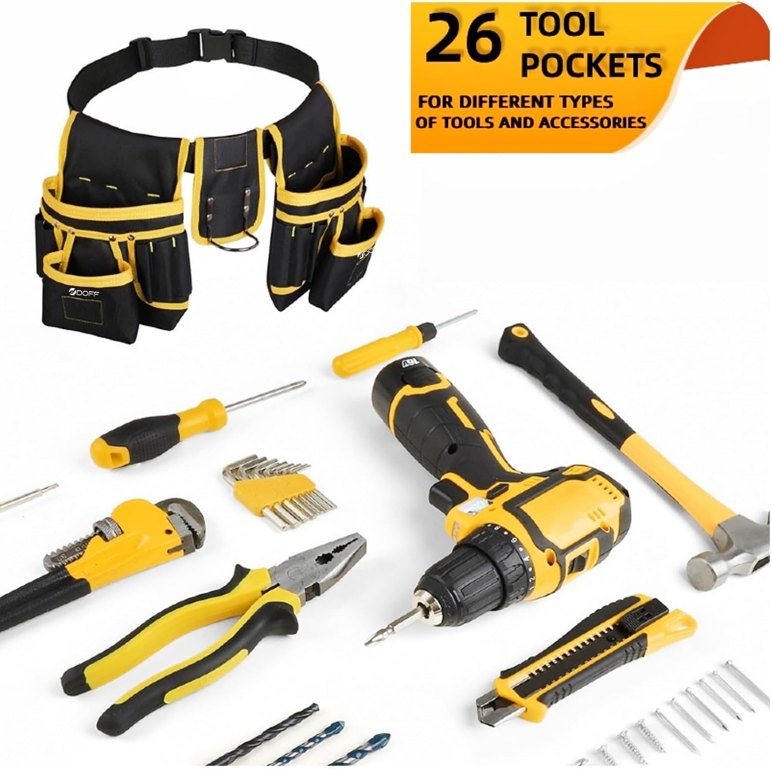 DOFF Tool Belt, Magnetic Tool Pouch, Men's Heavy Duty Padded Tool Belt, 27 Pockets, Removable and Adjustable Tool Pockets, Electrician, Carpenter, Construction, Work Apron, Utility Belt, Black Yellow