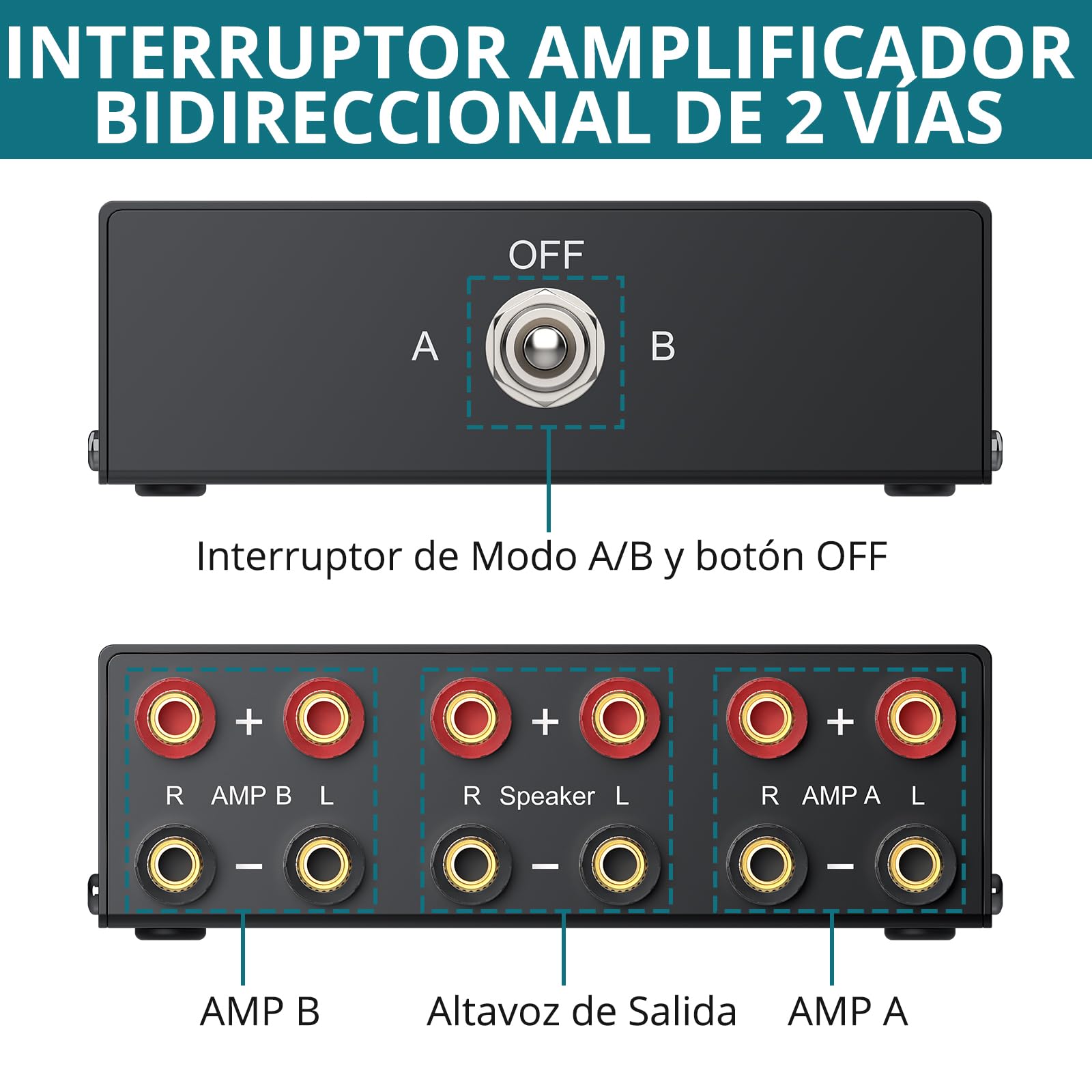 Conmutador de Audio Amplificador de 2 Vías 2(1)-Entrada-1(2)-Salida | 1/2 Interruptor Selector Conector Banana Dorado para Home Stereos