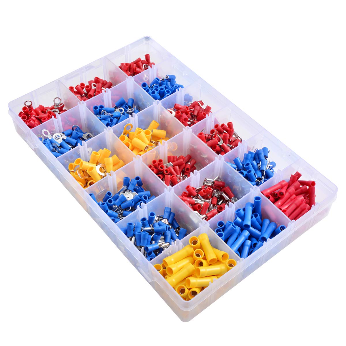 KATUR Lot de 1200 connecteurs à sertir pour bornes de fil, assortiment de cosses assorties, connecteurs électriques à sertir dans un étui en plastique (rouge/bleu/jaune)
