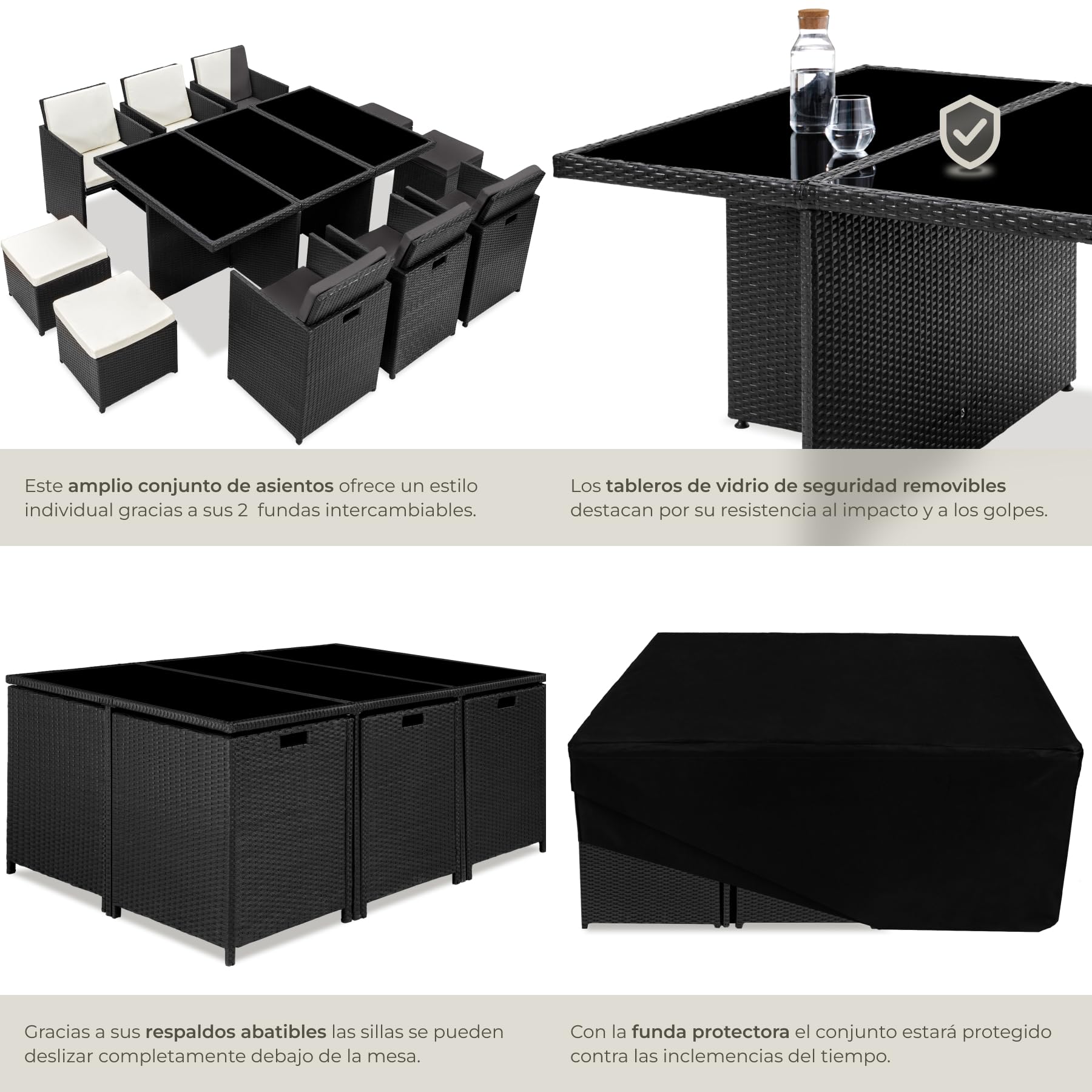 tectake® Conjunto Jardín Exterior de Ratán y Aluminio, Muebles Jardín Exterior Resistentes a la Intemperie, para hasta 10 Personas, con 2 Juegos de Fundas y Funda Protectora - Negro