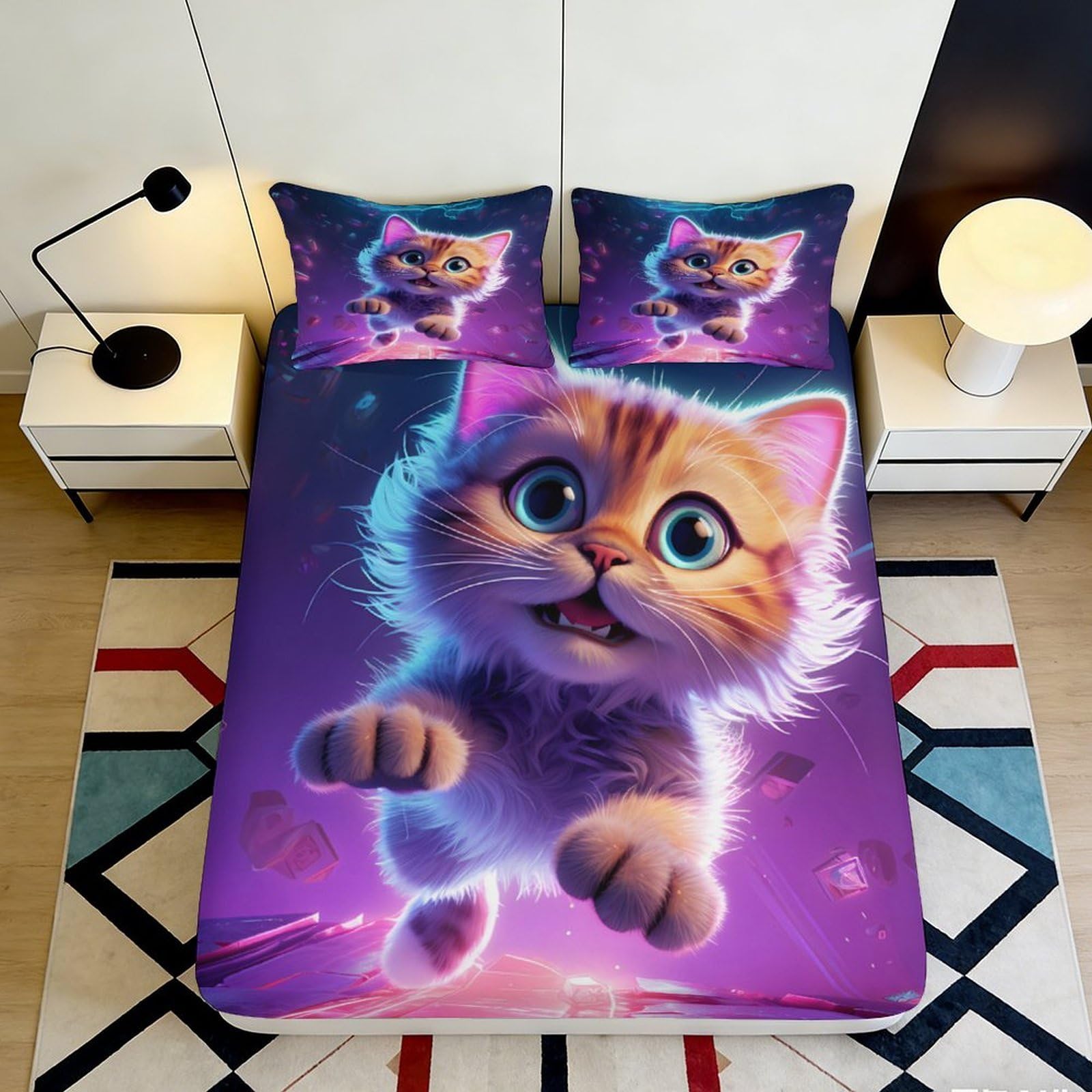 3D Printed Cute Cat Fitted Sheet Microfiber Soft Breathable Purple Cartoon Kitten Mattress Cover Bedroom Decor 180x200x25cm