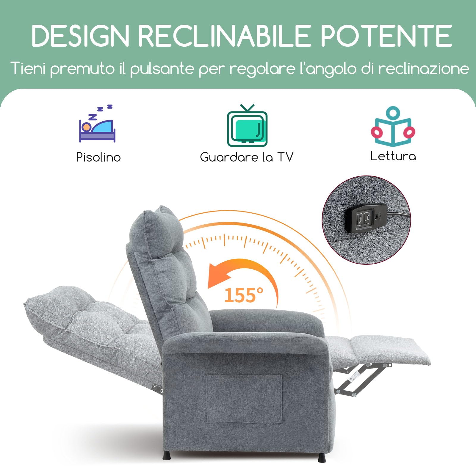 SOSINYA Poltrona Relax Elettrica Premium, Comfort Totale con Schienale Reclinabile 105°-155°, Tessuto Traspirante e Resistente, Tasche Laterali Salvaspazio, Perfetta per Soggiorno, Camera o Relax (1)